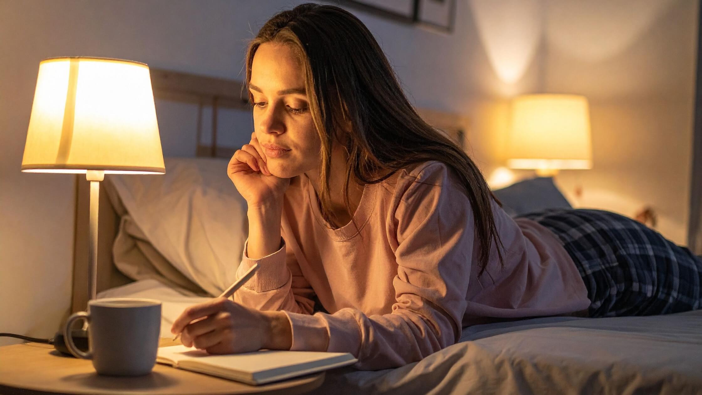 Aufgeschlagenes Traumtagebuch mit handgeschriebenen Notizen, kleinen Skizzen, persönlich und authentisch