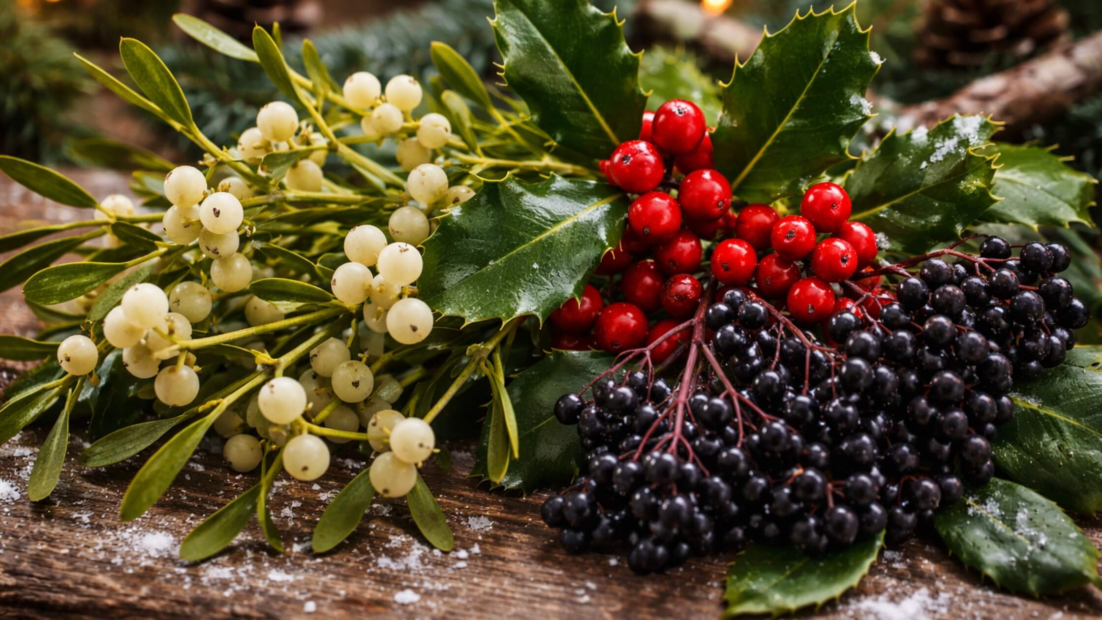 Arrangement mit Mistel (weiße Beeren), Stechpalme (rote Beeren) und Holunderbeeren (schwarz) - die drei Farben der Göttin nebeneinander, Wintersonnenwende