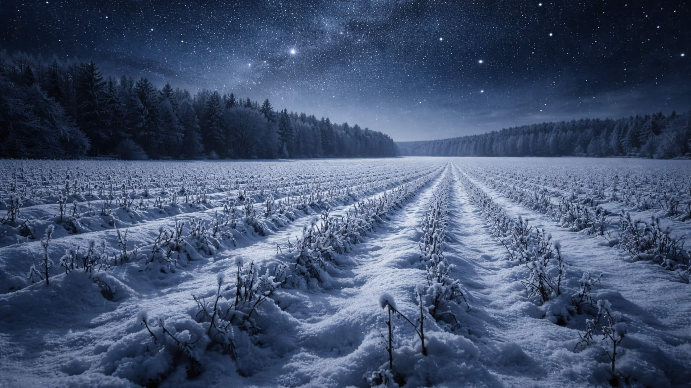 Schneebedecktes Feld bei Nacht, Sterne am Himmel, Stille und Ruhe, symbolisch für die schlafenden Samen unter der Erde