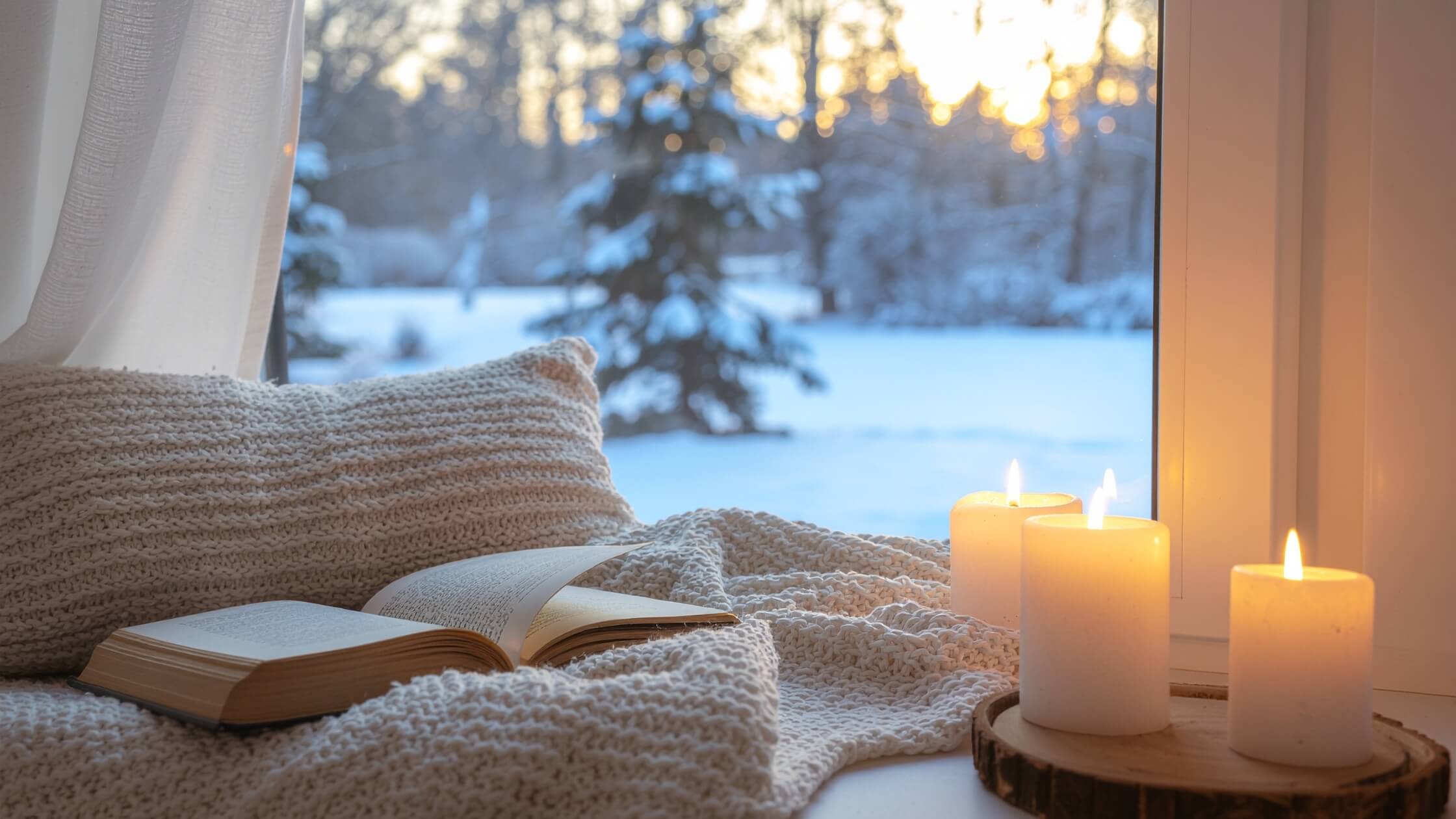 Gemütliche Ecke, Sessel, Decke, Kerzen, Tee, Buch, Wintersonnenwende