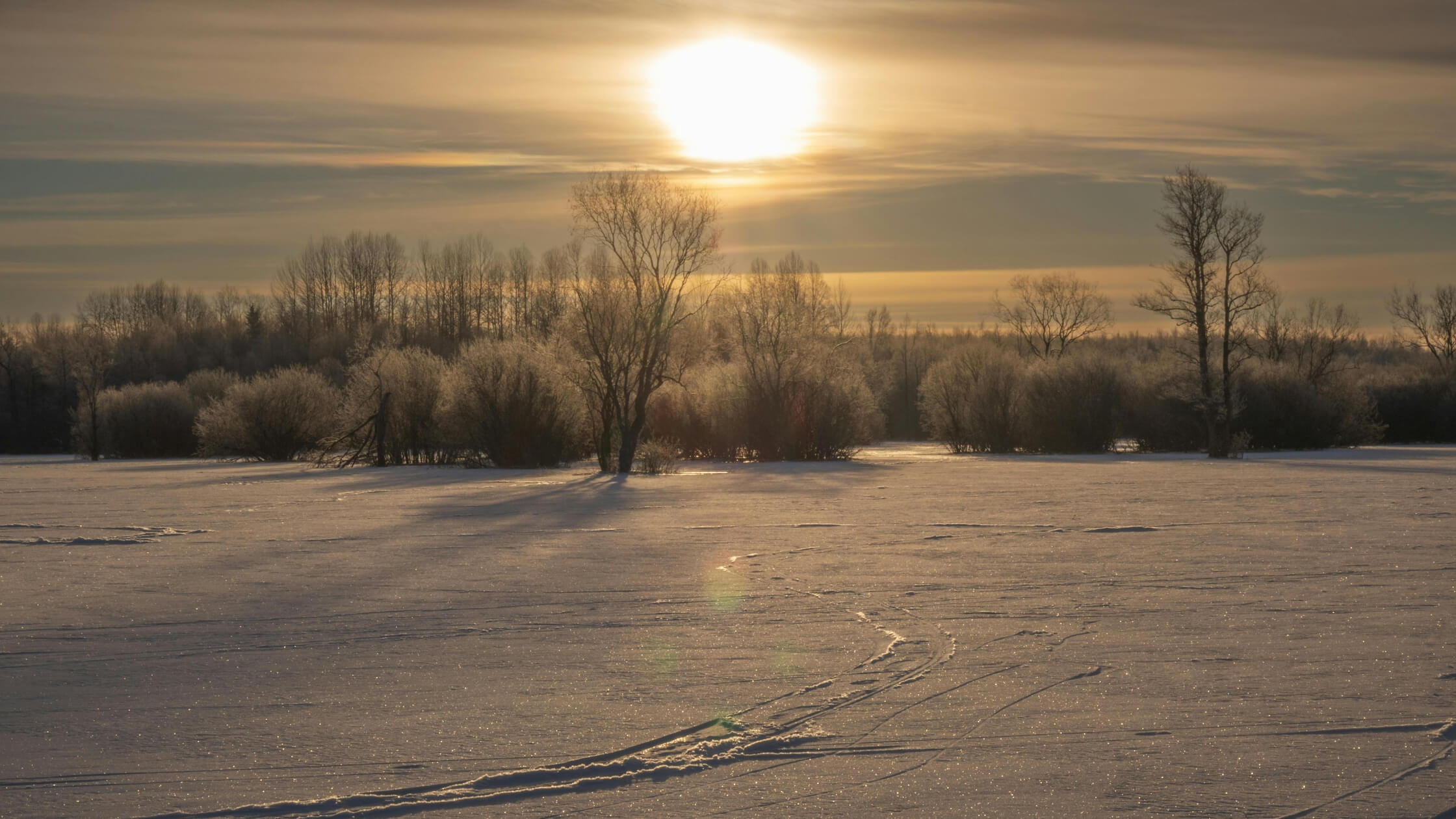 Sonnenaufgang über Schneelandschaft, erste Lichtstrahlen, hoffnungsvoll, wintersonnenwende