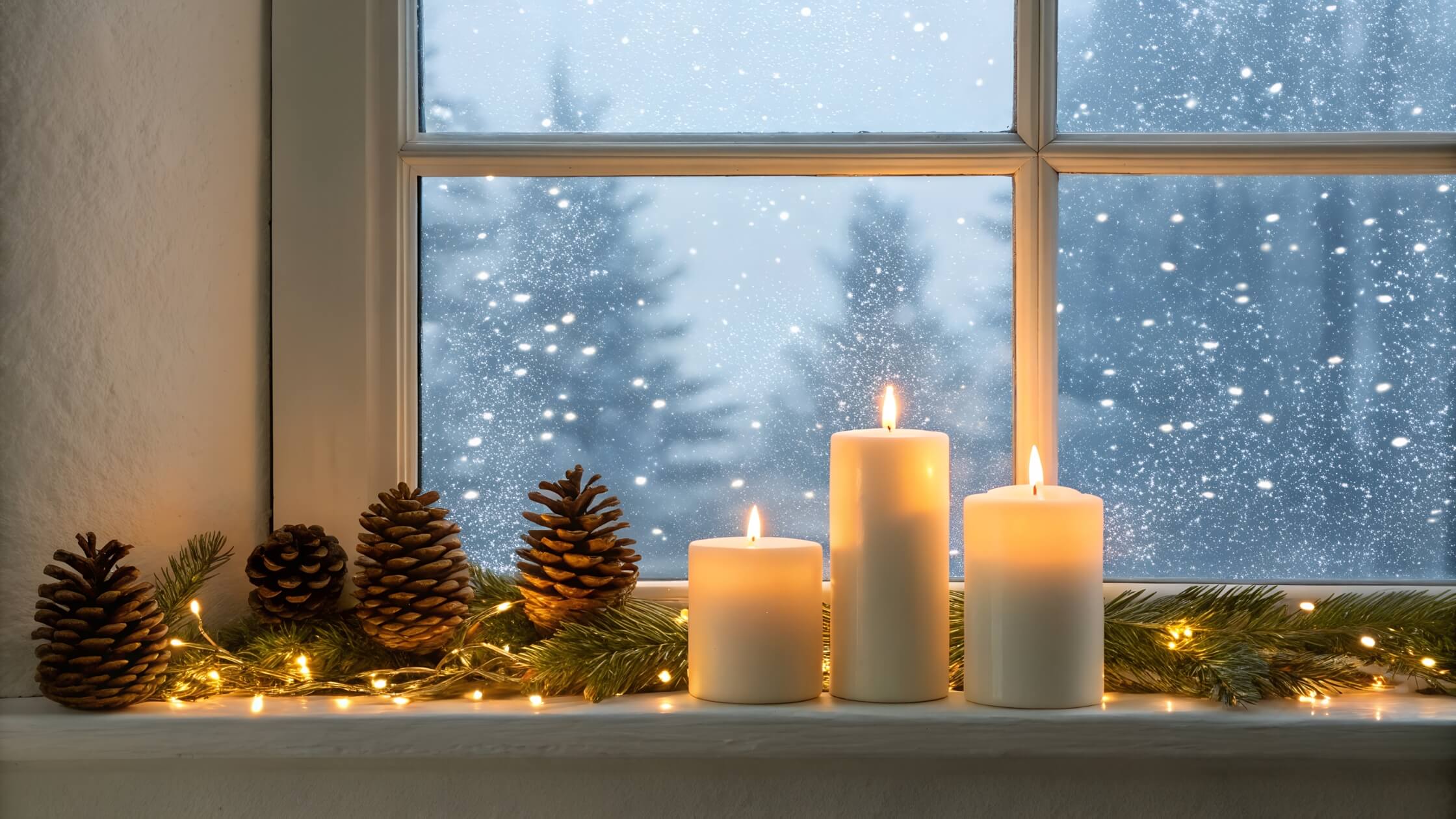 Kerze vor Fenster, Schneefall, gemütlich, Frieden