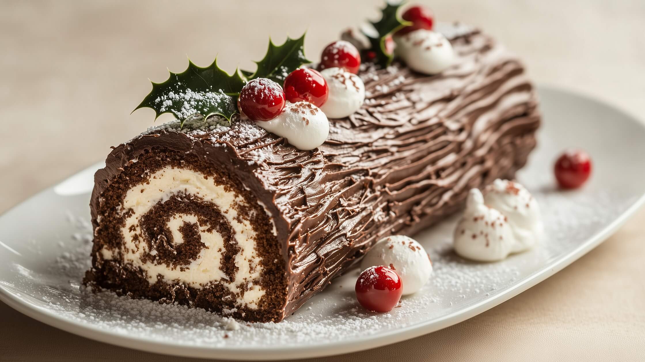 Fertiger Julscheit mit Marzipan-Deko, puderzuckerbestäubt