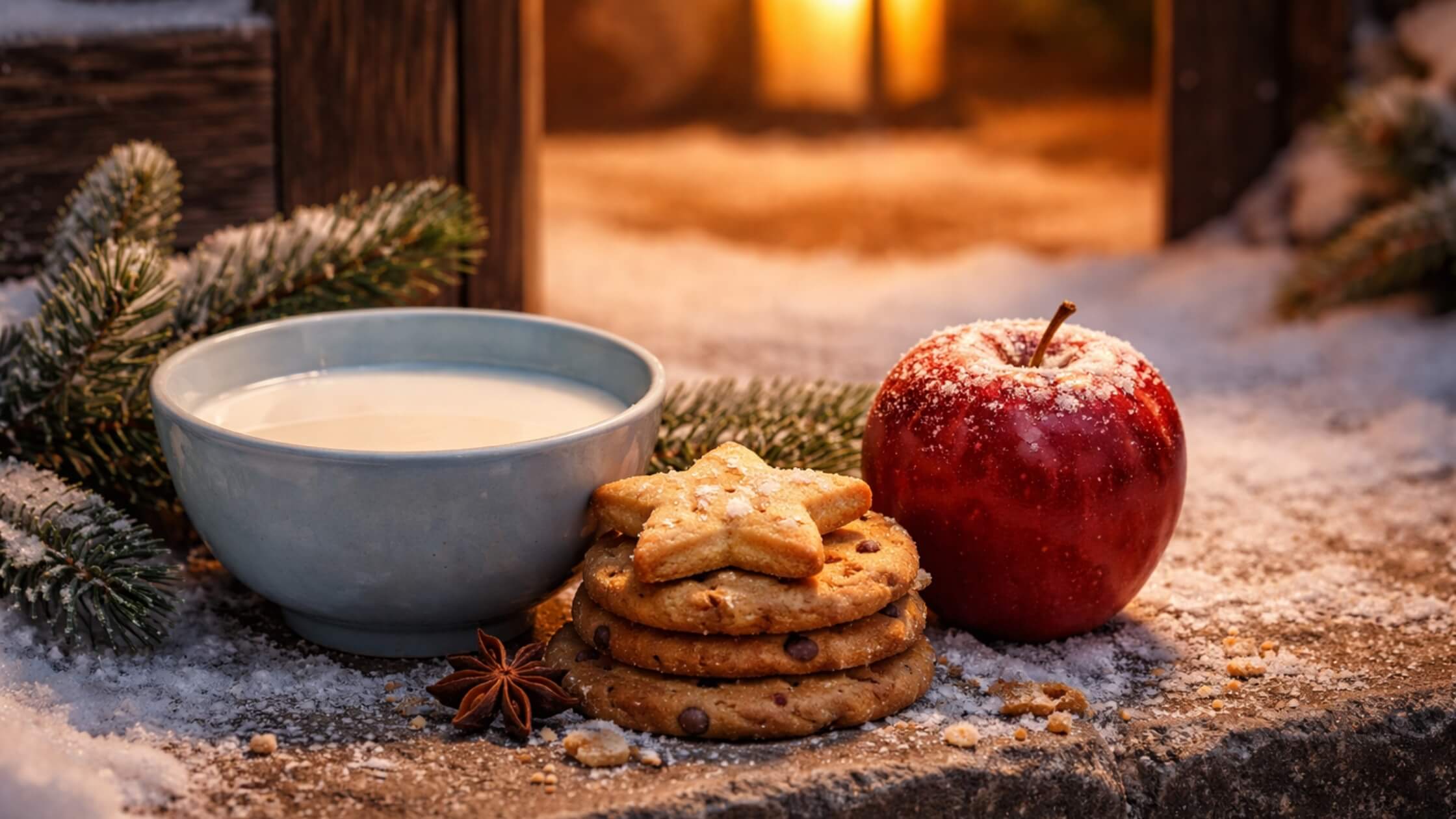 Kleine Schale mit Milch, Plätzchen, Apfel auf Türschwelle