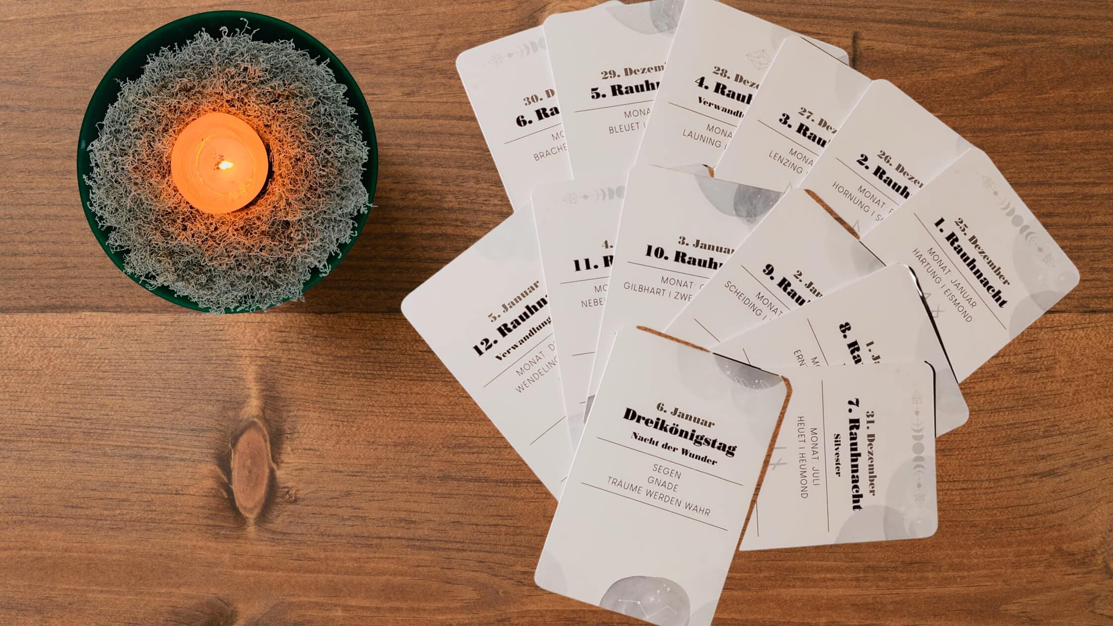12 Karten oder Zettel ausgelegt, beschriftet mit den Monatsnamen Jan-Dez, Kerzen, mystisch