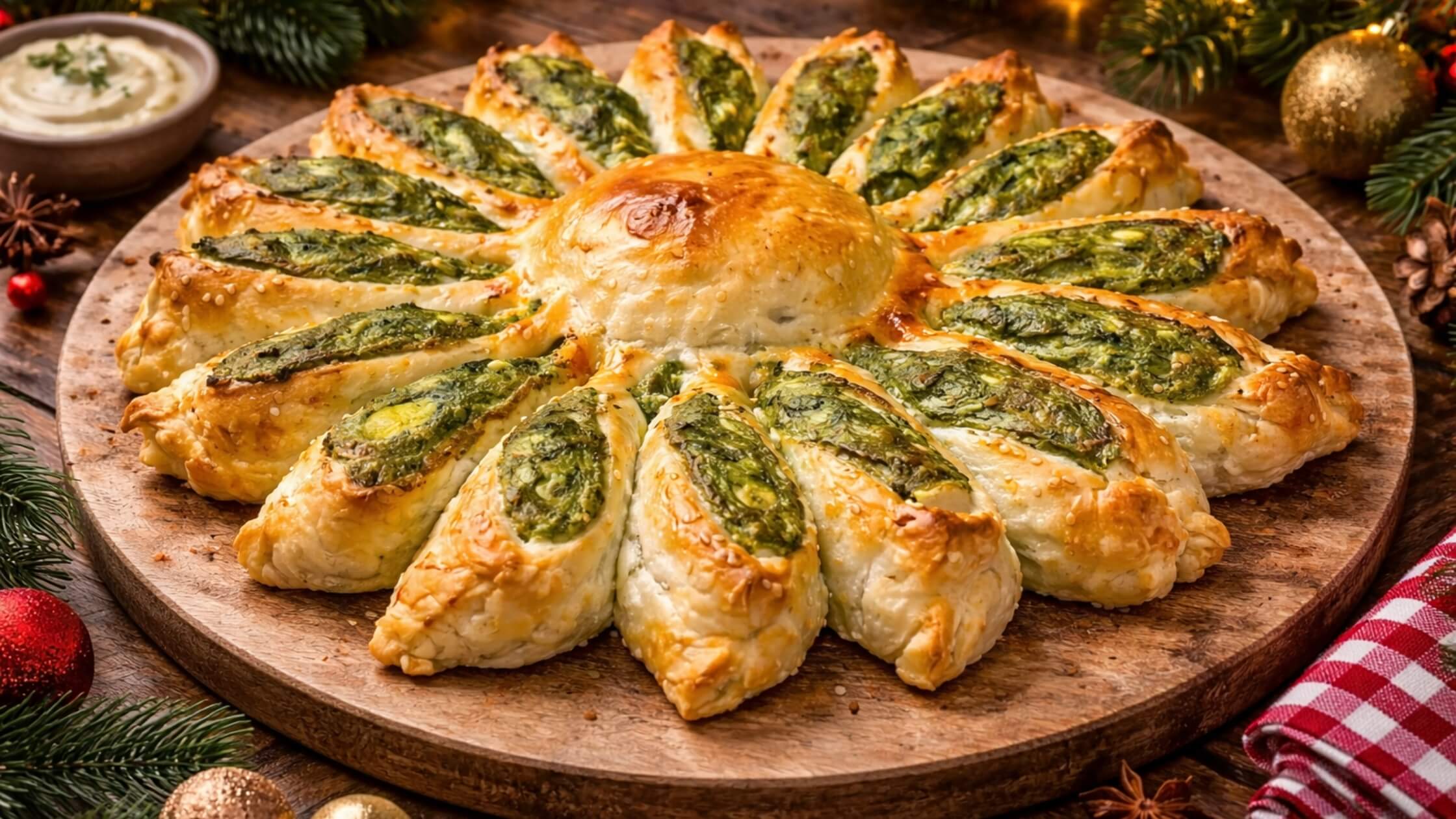 Fertige Spinatsonne auf Holzbrett, angeschnitten, Spirale sichtbar, Wintersonnenwende