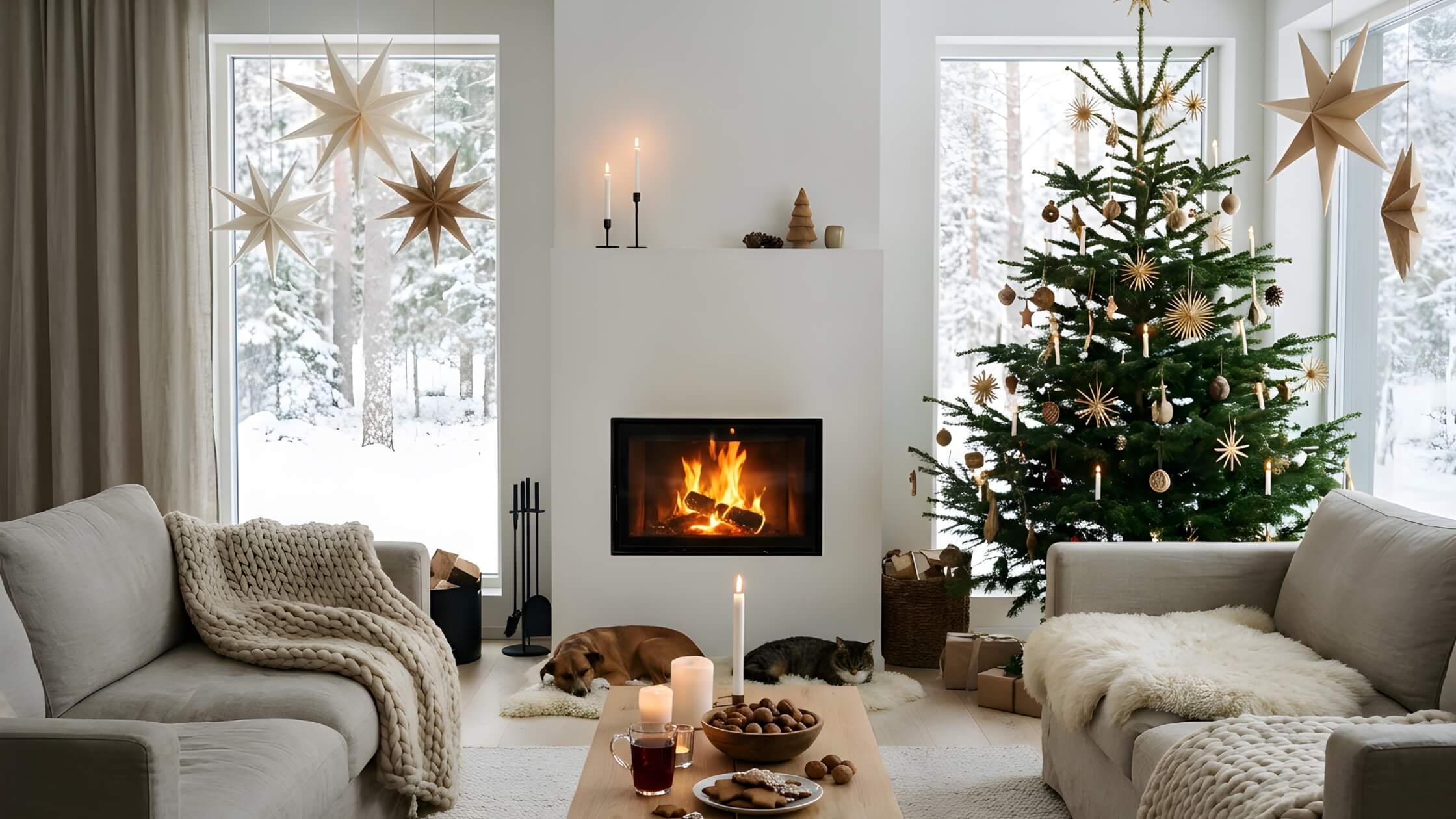 traditioneller Weihnachtsbaum in modernem Wohnszimmer