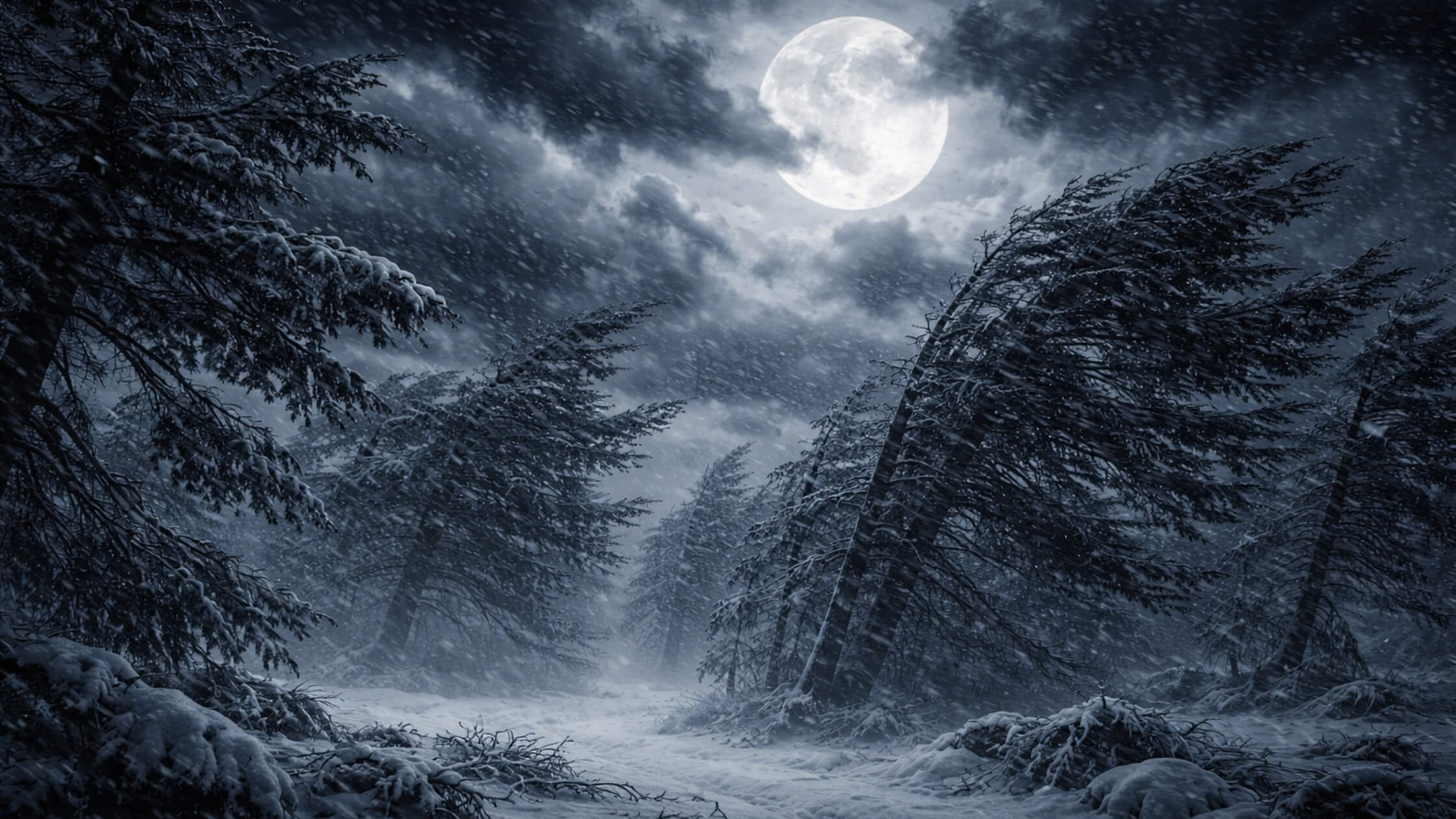 Mystische Winterszene, verschneite Landschaft mit Vollmond, Wintersonnenwende