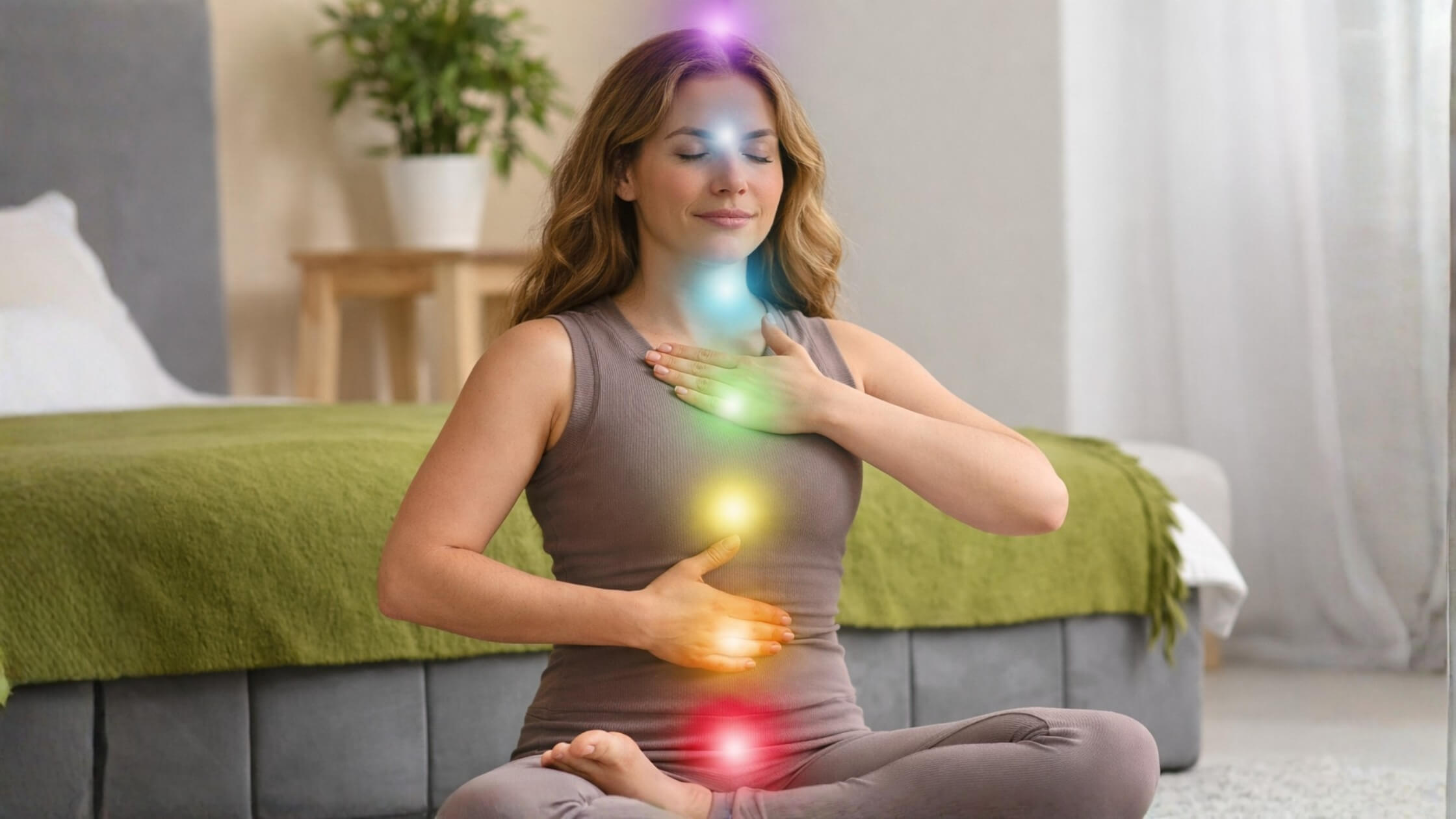 Person in Meditation, Silhouette mit 7 leuchtenden Punkten entlang der Wirbelsäule, ruhig, klar