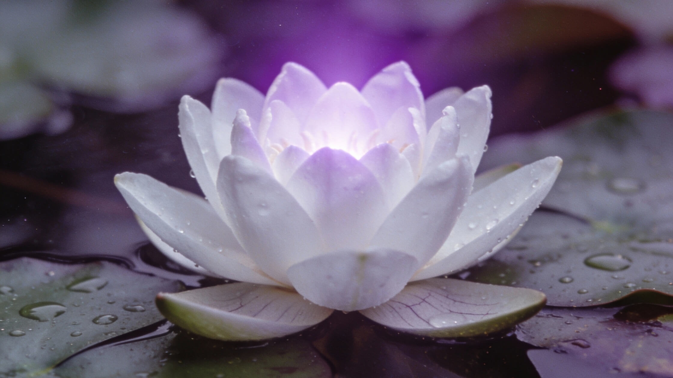 Lotus in voller Blüte, strahlendes Licht, Einheit, violett/weiß