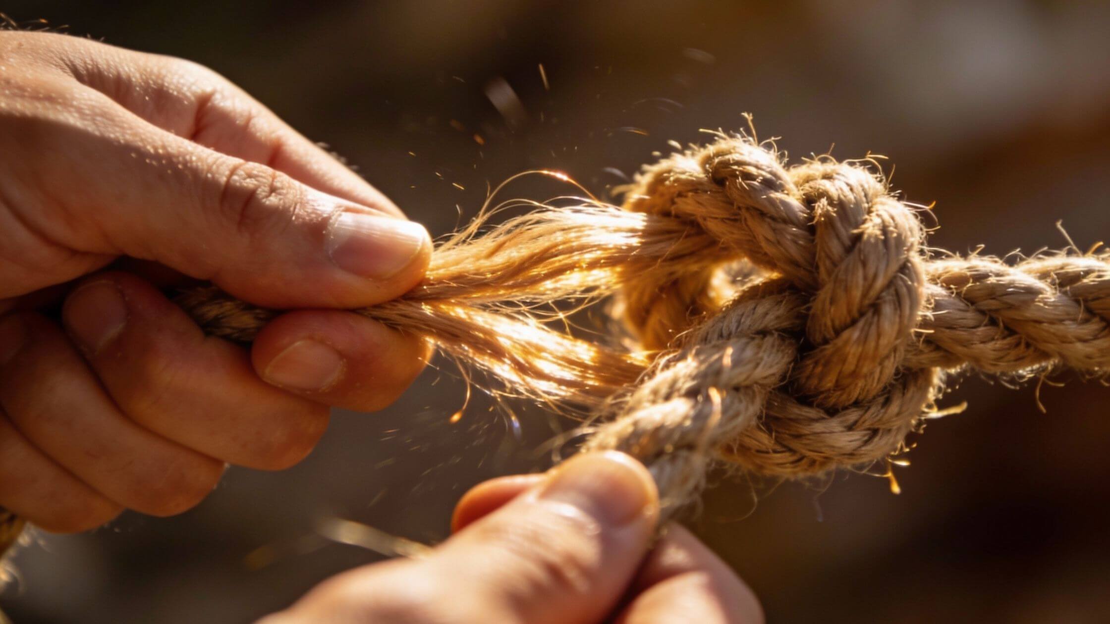 Verschlungener Knoten wird sanft gelöst, symbolisch für Blockadenlösung, warmes Licht