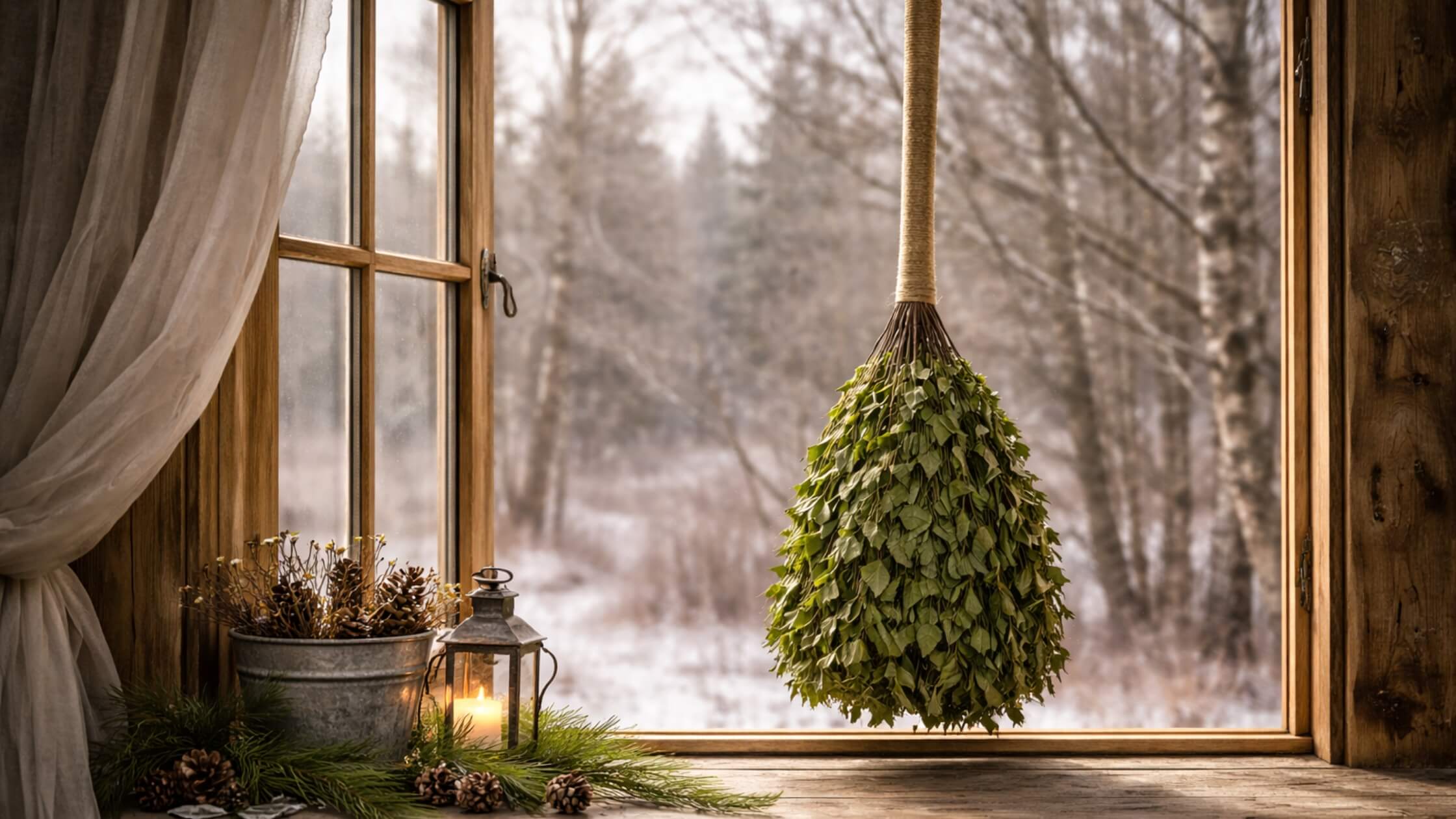 Birkenreisigbesen, geöffnetes Fenster, frische Luft strömt herein