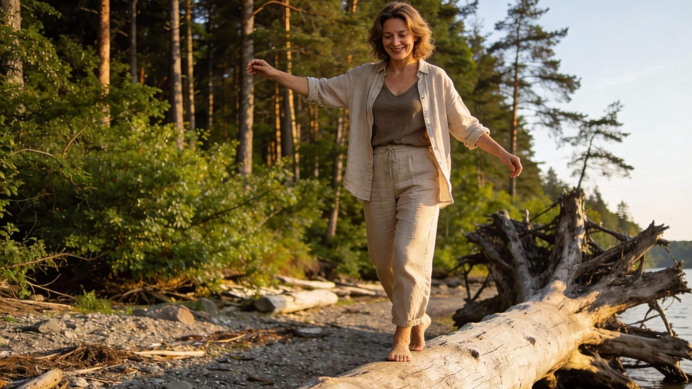Person im Gleichgewicht auf Stein/Baumstamm, harmonische Natur, Ausgeglichenheit