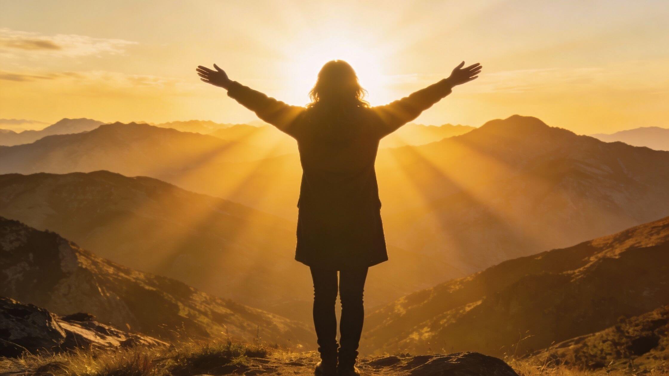 Mensch mit ausgebreiteten Armen vor Sonnenaufgang, Ganzheit, Licht durchflutet, erhebend
