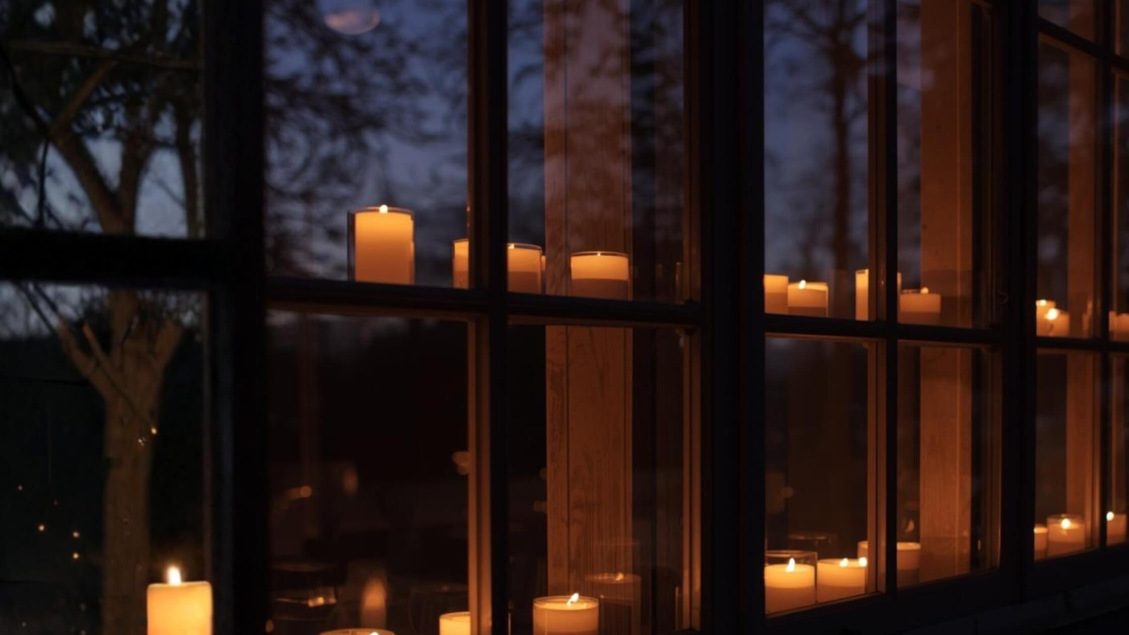 Viele Kerzen in allen Fenstern eines Hauses, Abenddämmerung, einladend warm