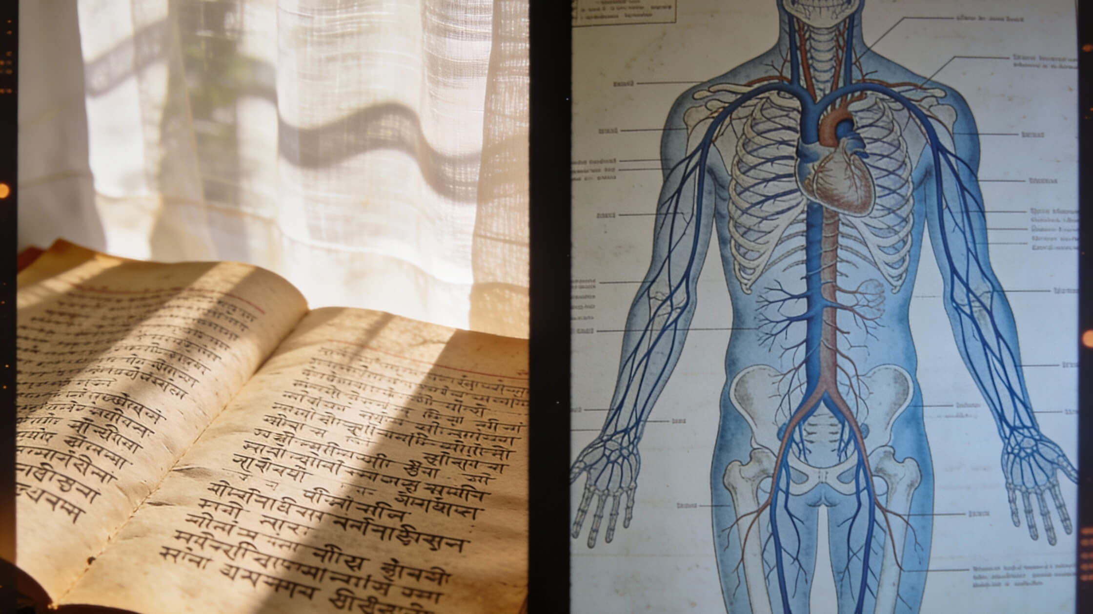 Alte Sanskrit-Texte neben moderner Darstellung des Nervensystems, Brücke zwischen Alt und Neu