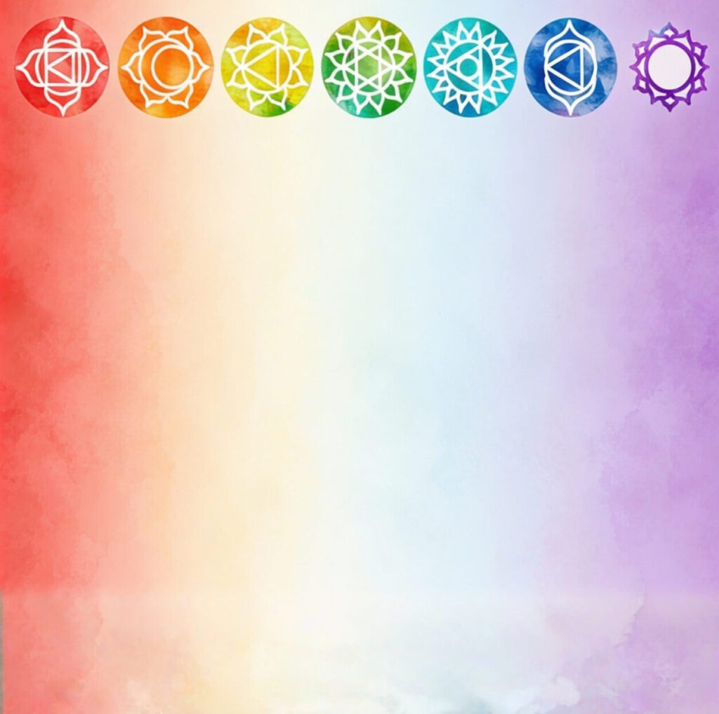 Sieben Chakra-Symbole in Regenbogenfarben von Rot bis Violett, künstlerisch, harmonisch