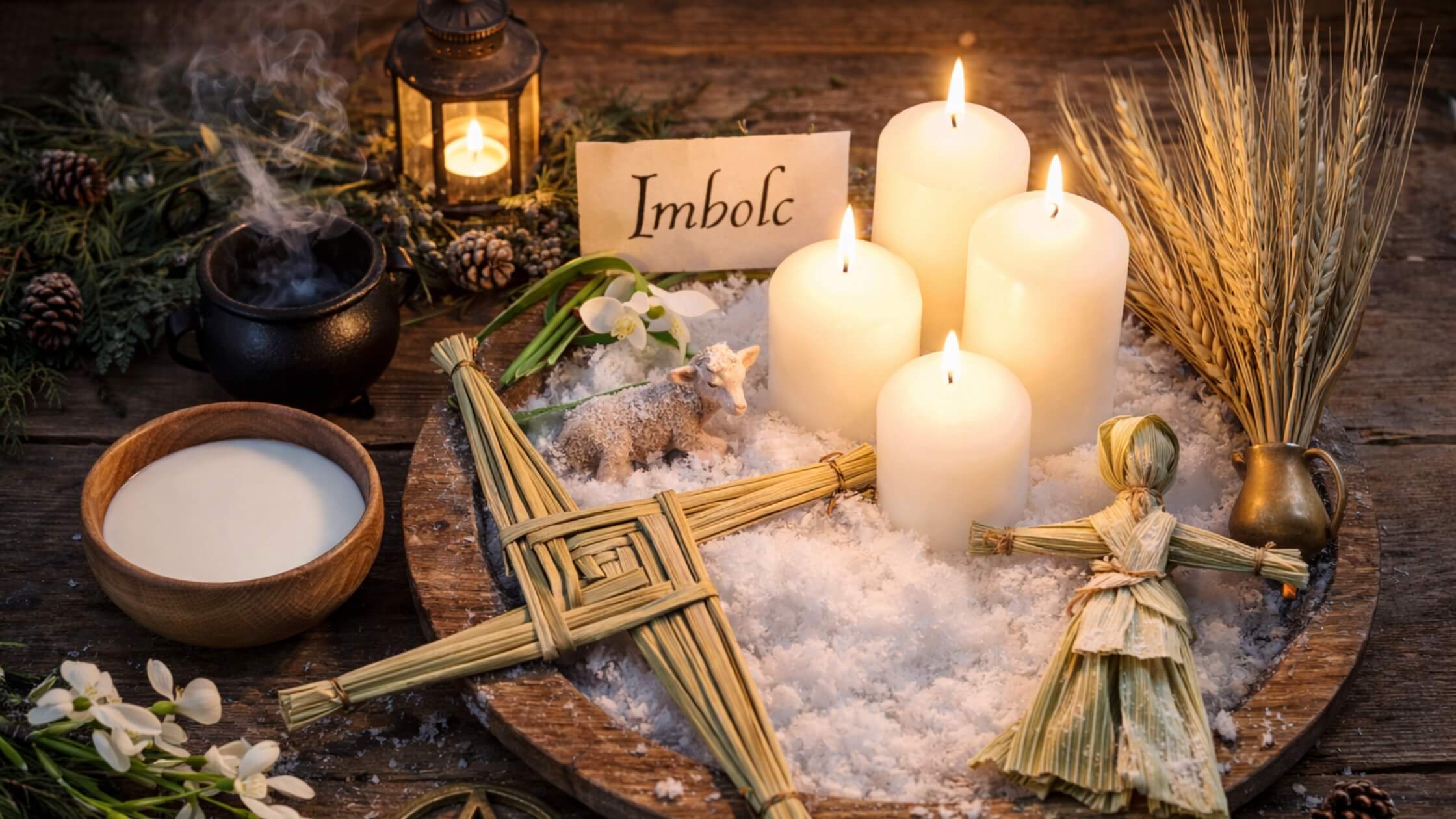 : Imbolc-Altar mit Kerzen, Schneeglöckchen, Milch