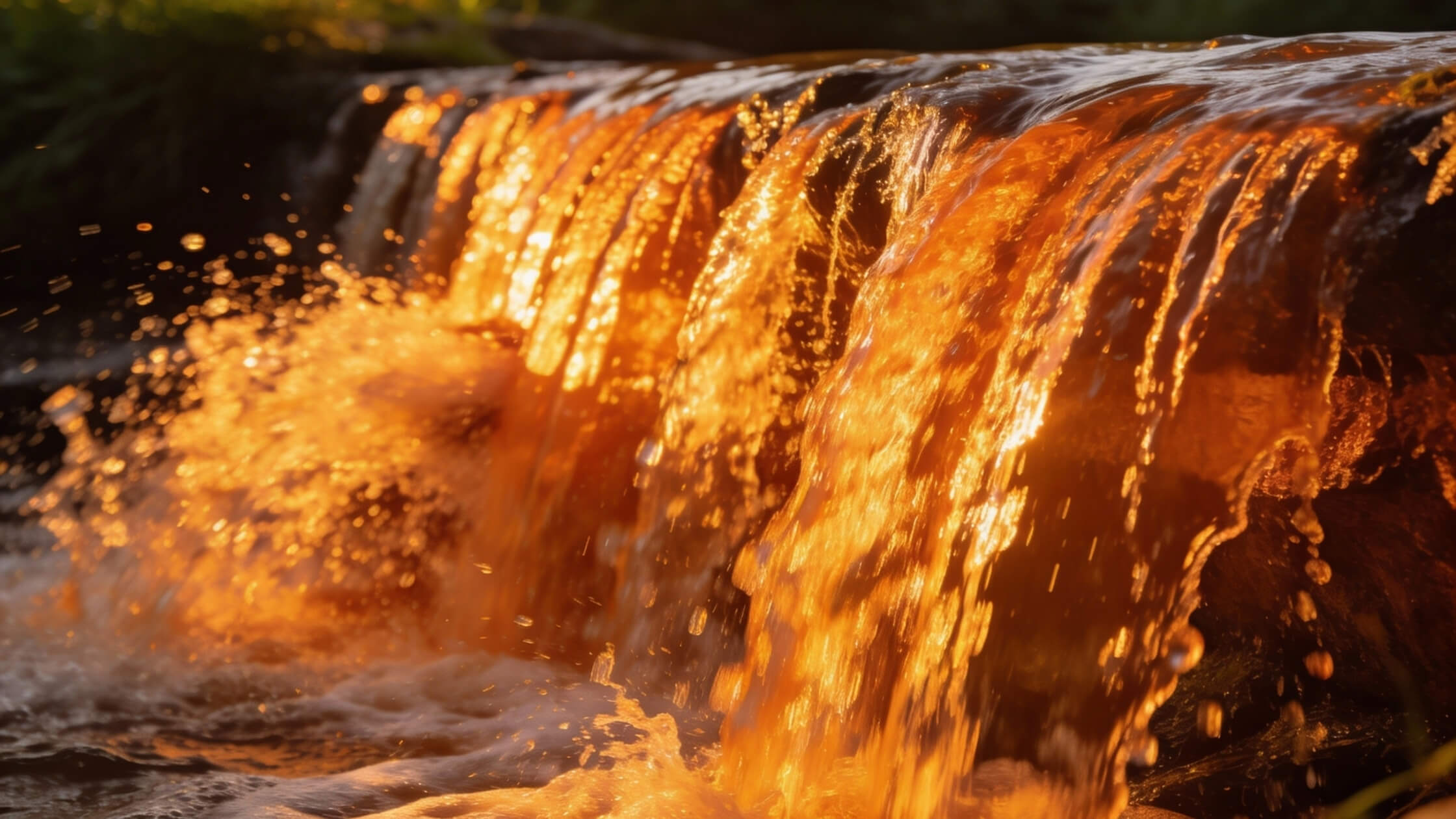 Fließendes Wasser, Bewegung, Lebendigkeit, orangenes Licht