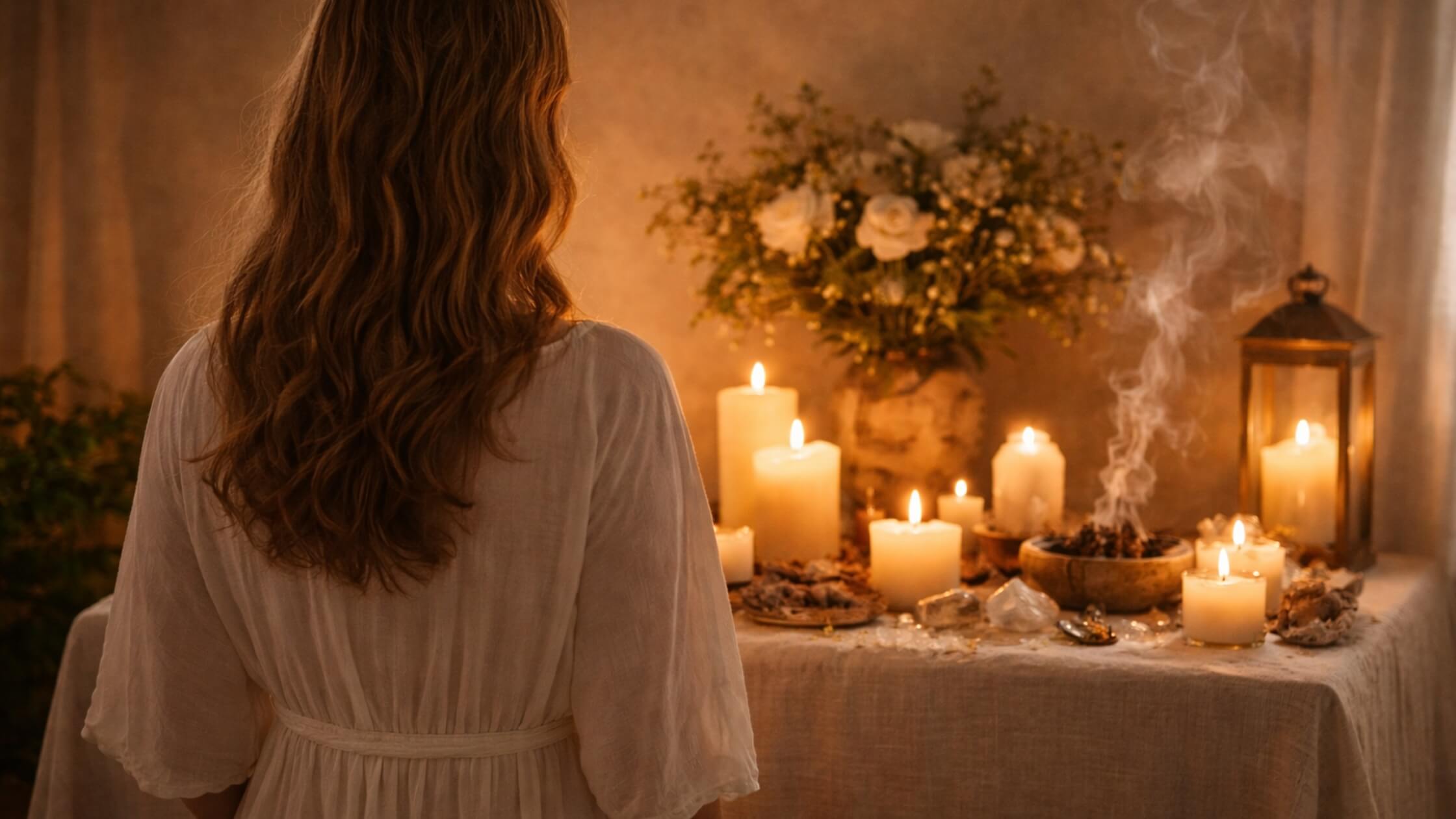 Frau in Weiß vor Altar, rituell, würdevoll