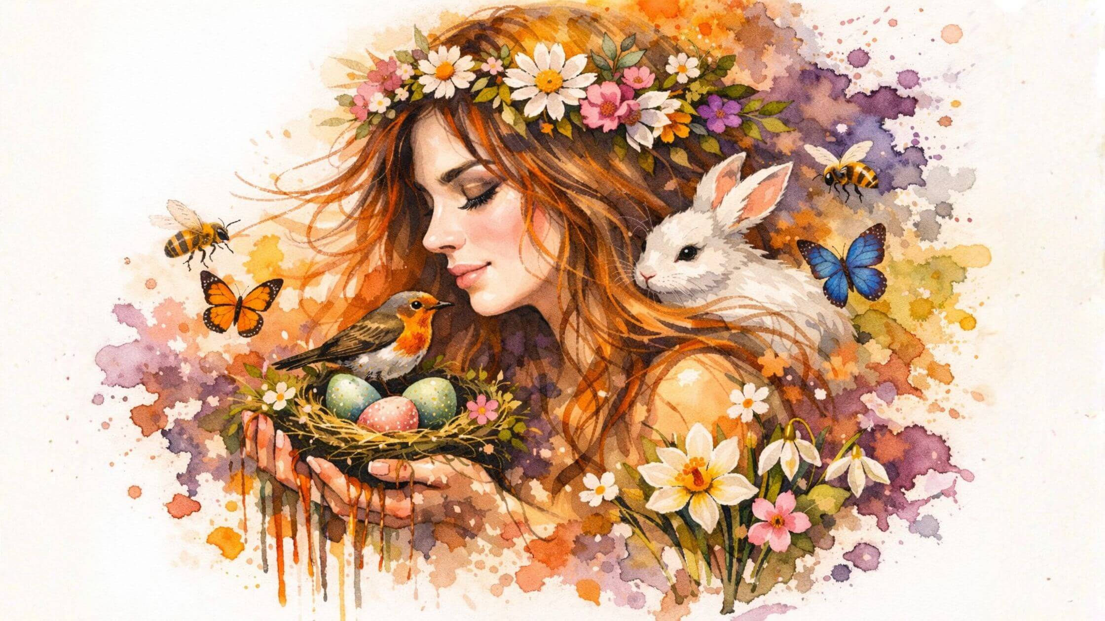 Göttin Ostara mit Blumen im Haar, germanische Frühlingsgöttin