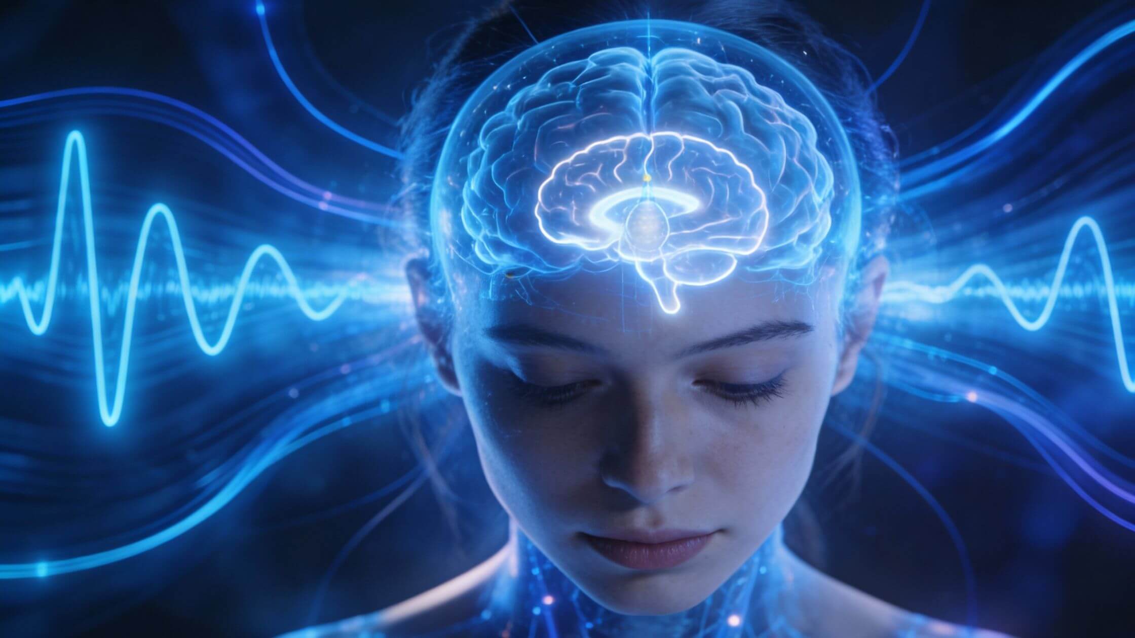 : Person in Meditation mit visualisierten Gehirnwellen und Frequenzen in Blau, zeigt Theta-Wellen und Bewusstseinszustände