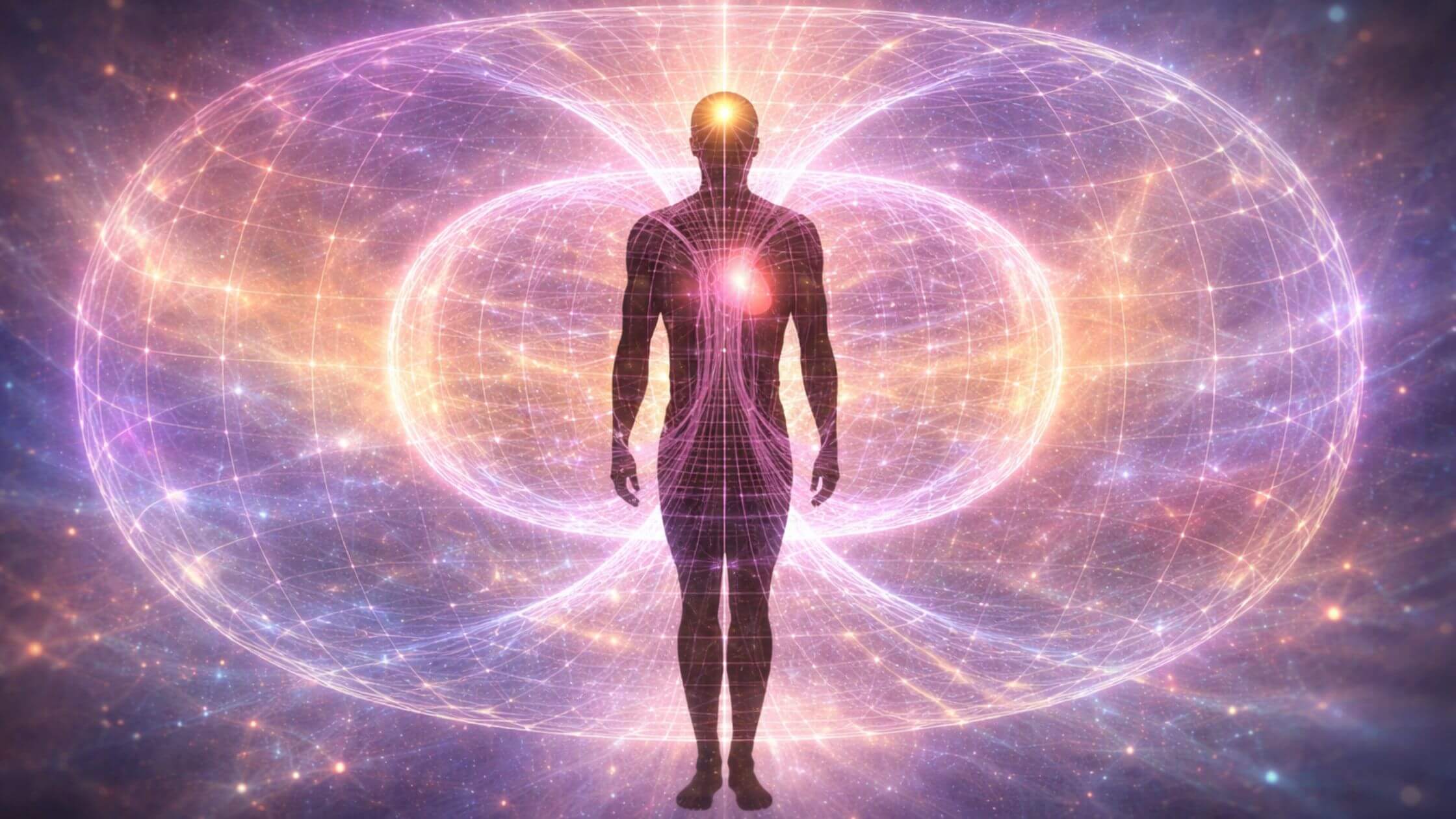 Mehrschichtige Aura um meditierenden Menschen mit leuchtendem Herzchakra, zeigt elektromagnetisches Energiefeld und verschiedene Auraschichten