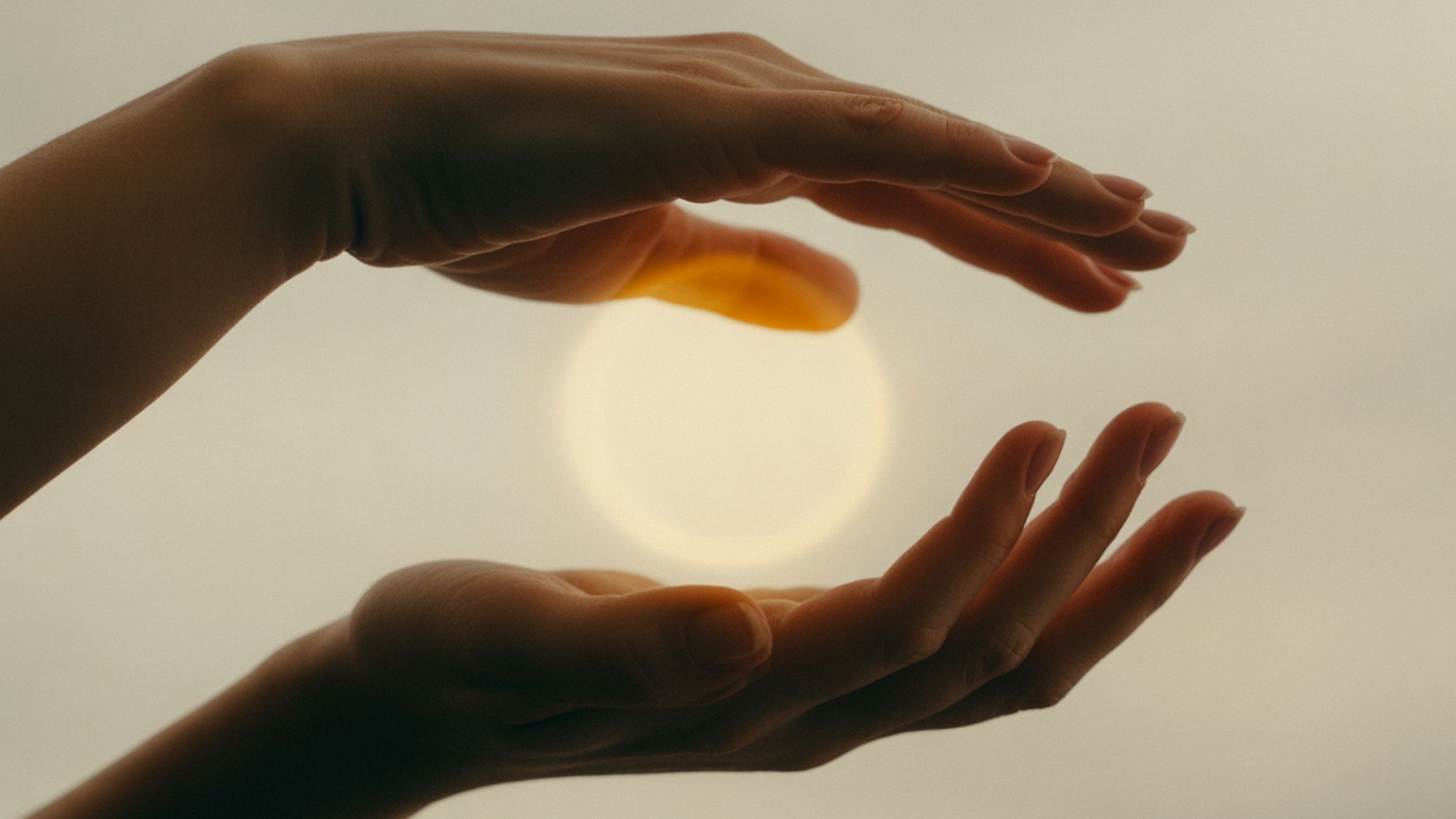 : Energieheilung durch Handauflegen mit sanftem Licht zwischen zwei Händen, symbolisiert Energieübertragung und Heilkraft