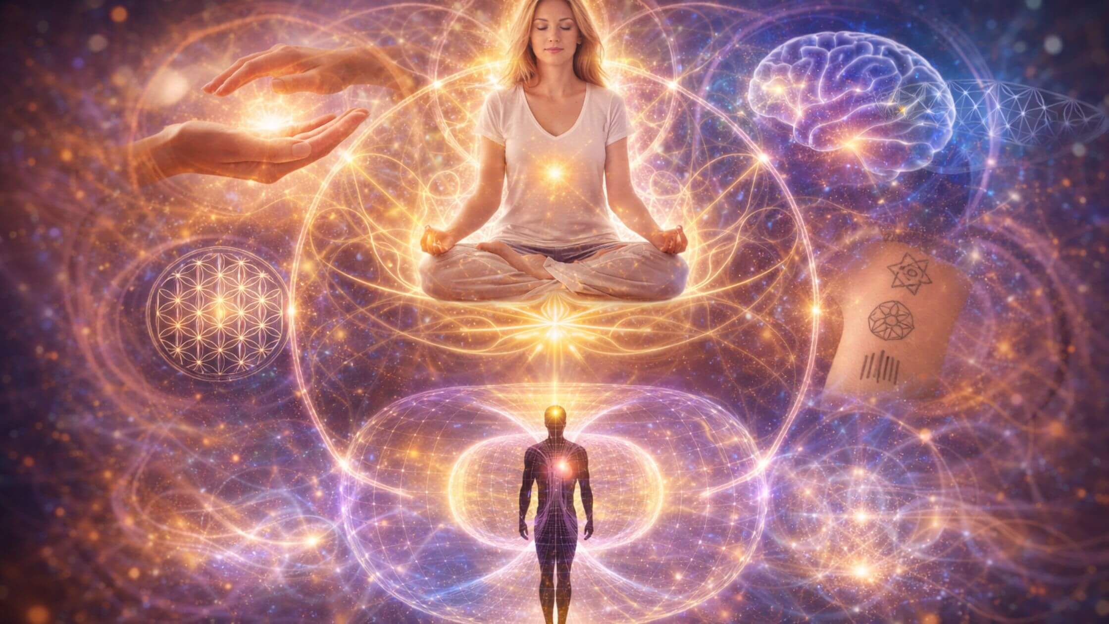 Übersicht über 7 Energieheilungs-Methoden inklusive Reiki, THEKI, Aurachirurgie, Symbole und Quantenheilung dargestellt in einem harmonischen Kompositionsbild