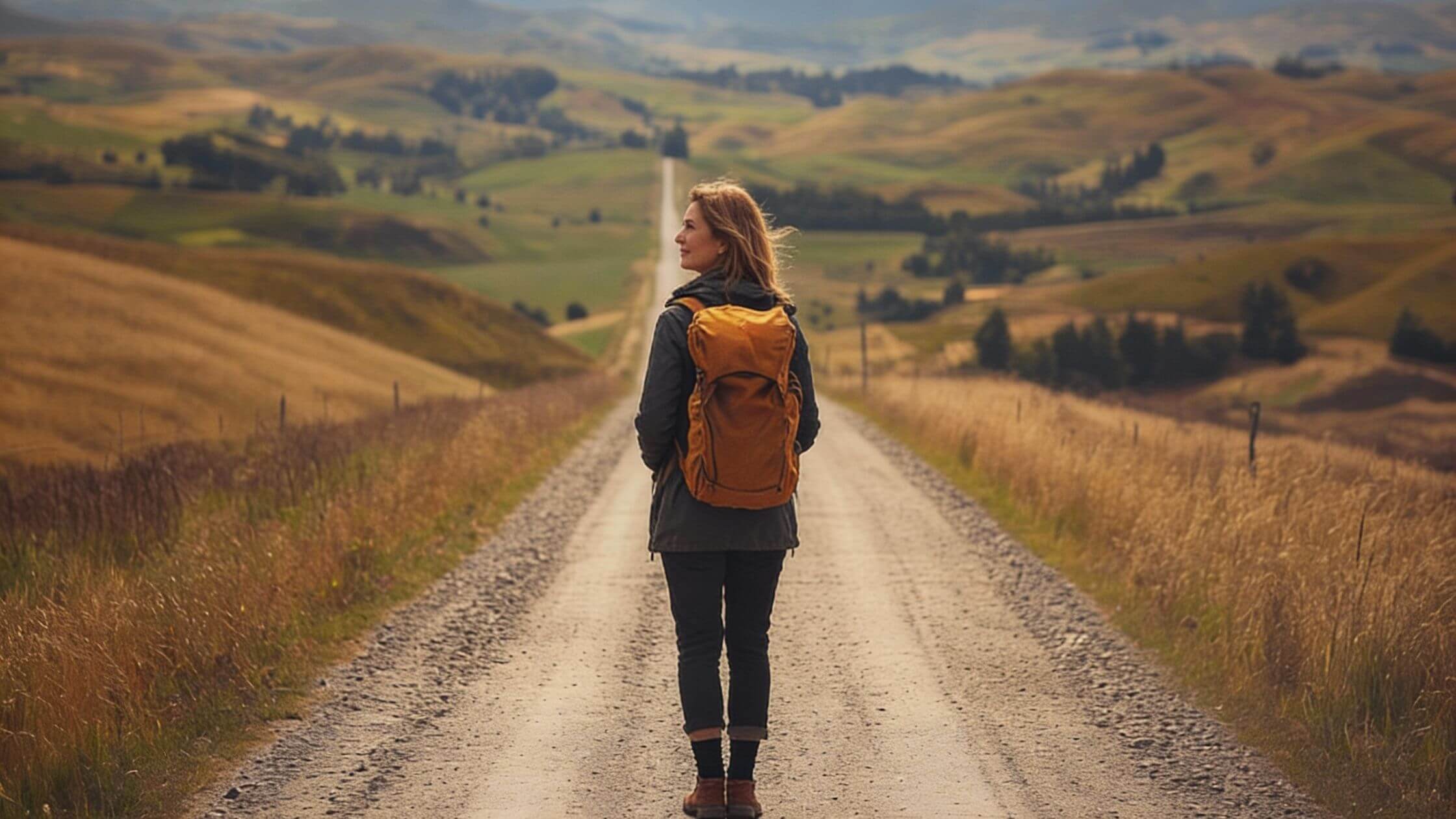 Person mit Rucksack auf Weg in Natur, symbolisiert persönliche Reise der Energieheilung und spirituellen Transformation