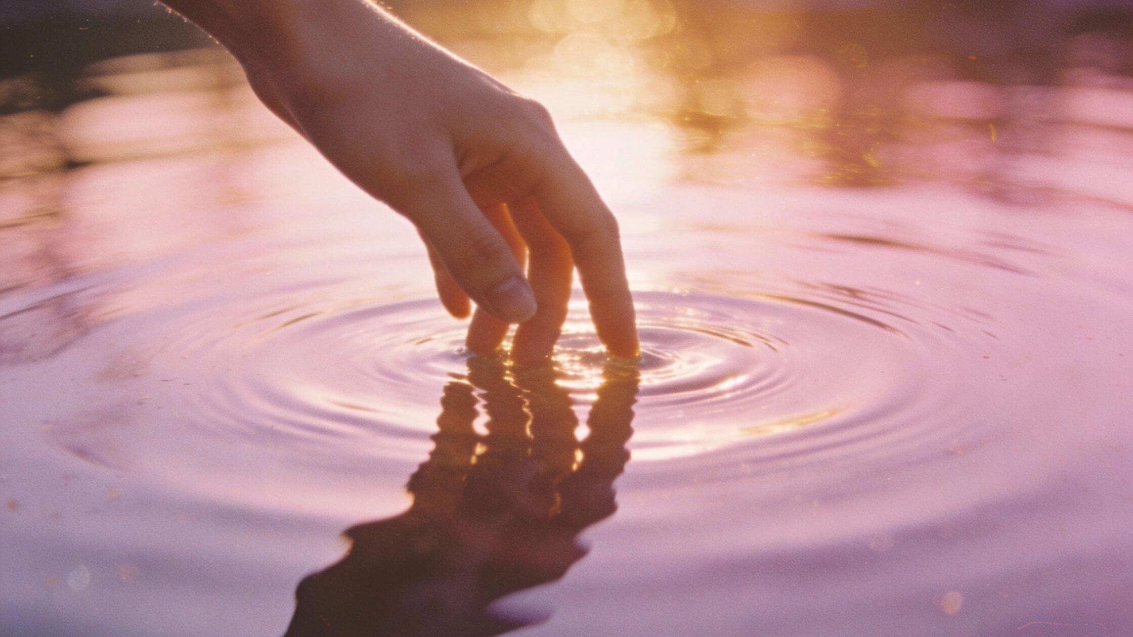 Hand berührt spiegelnde Wasseroberfläche – symbolisiert Selbsterkenntnis und innere Reflexion im Human Design