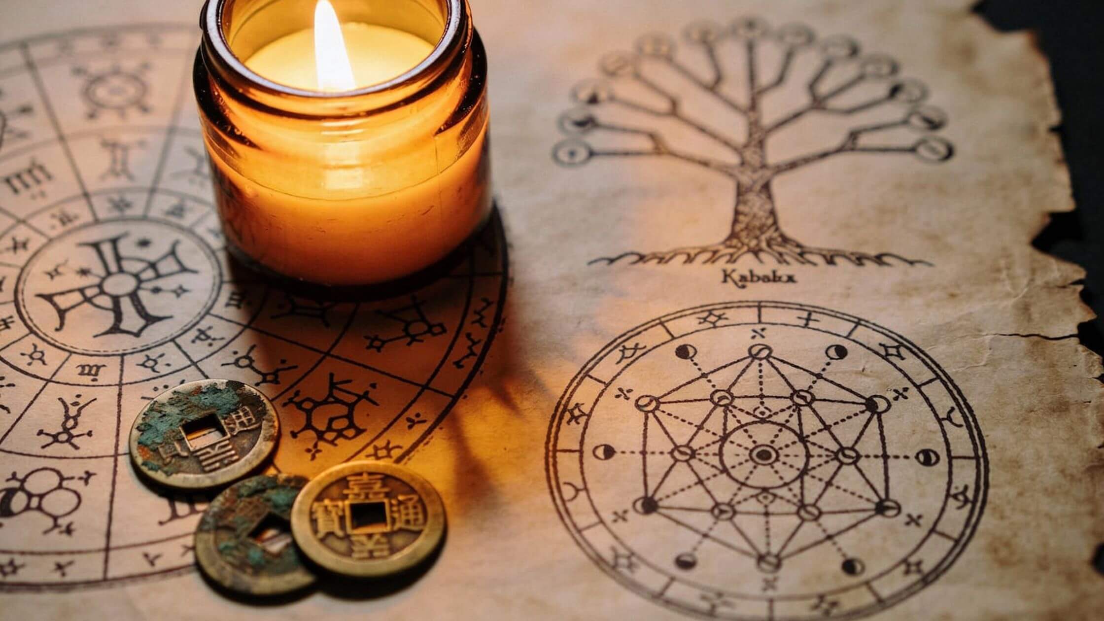 Alte mystische Texte, I Ching Münzen und Sterne – symbolisiert die Wurzeln von Human Design in alten Weisheitssystemen