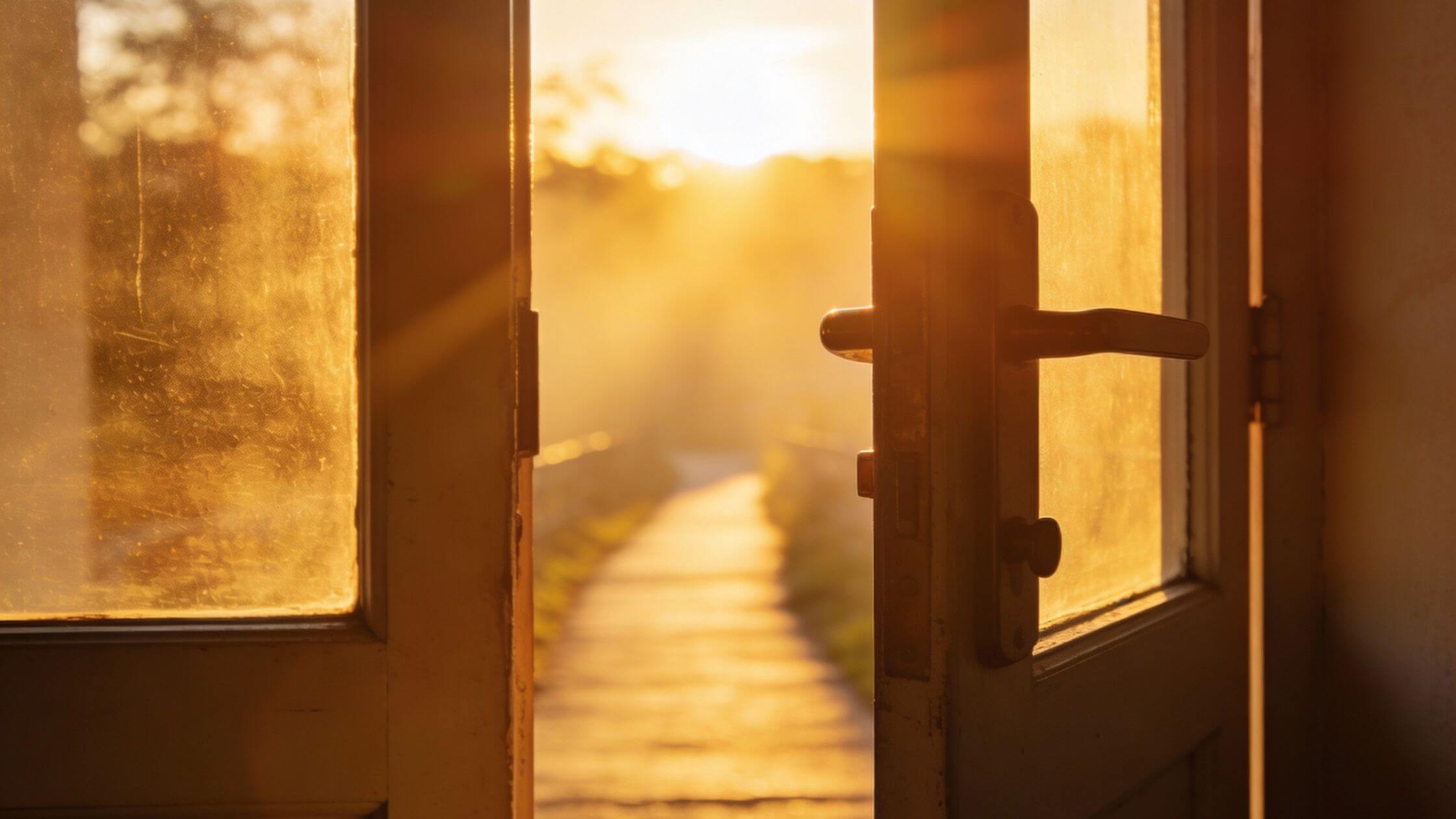 Offene Tür mit warmem Sonnenlicht – symbolisiert neue Wege, Hoffnung und die Möglichkeit der Veränderung