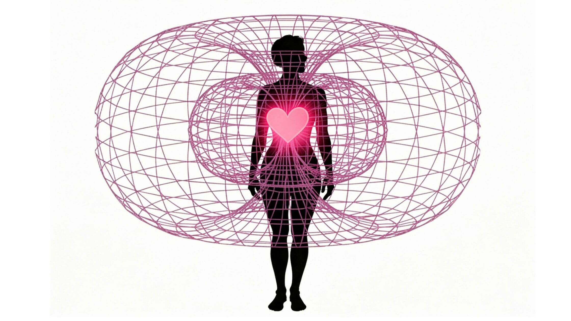 Visualisierung des Torusfeldes um einen Menschen mit leuchtendem Herzzentrum, zeigt elektromagnetisches Energiefeld und Herzchakra