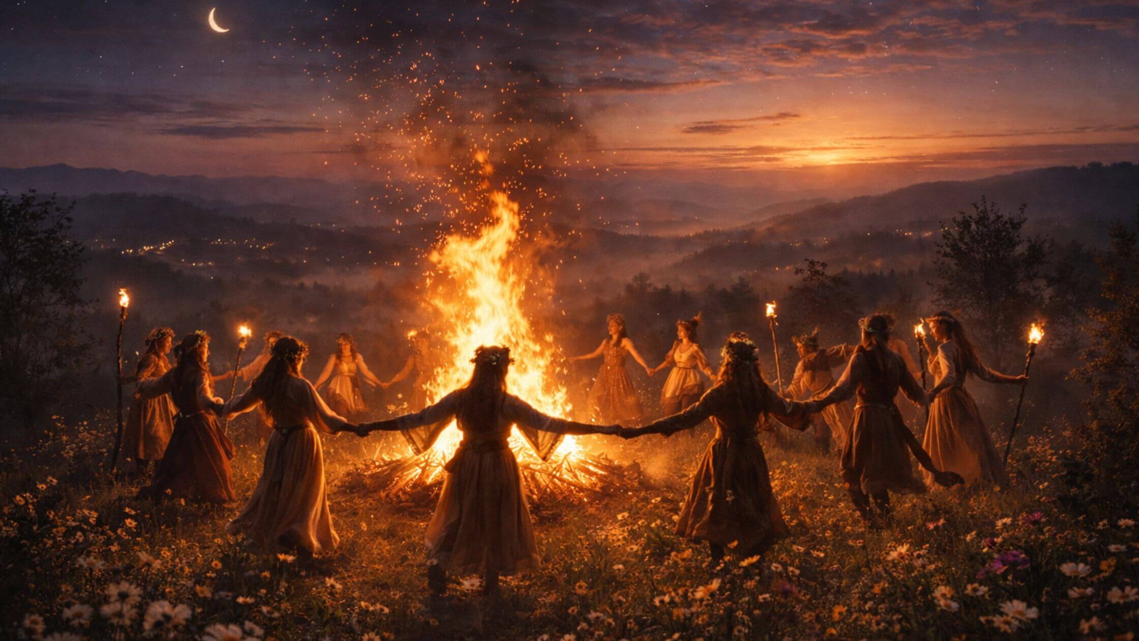 Traditionelles Osterfeuer zu Ostara mit tanzenden Menschen