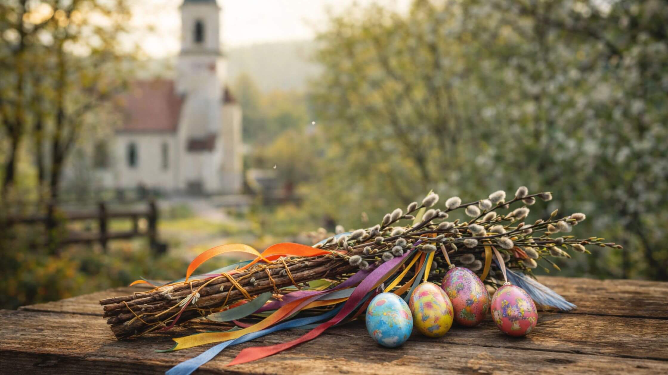 Frühlingserweckungsstab mit bunten Bändern und Eiern für Ostara-Ritual