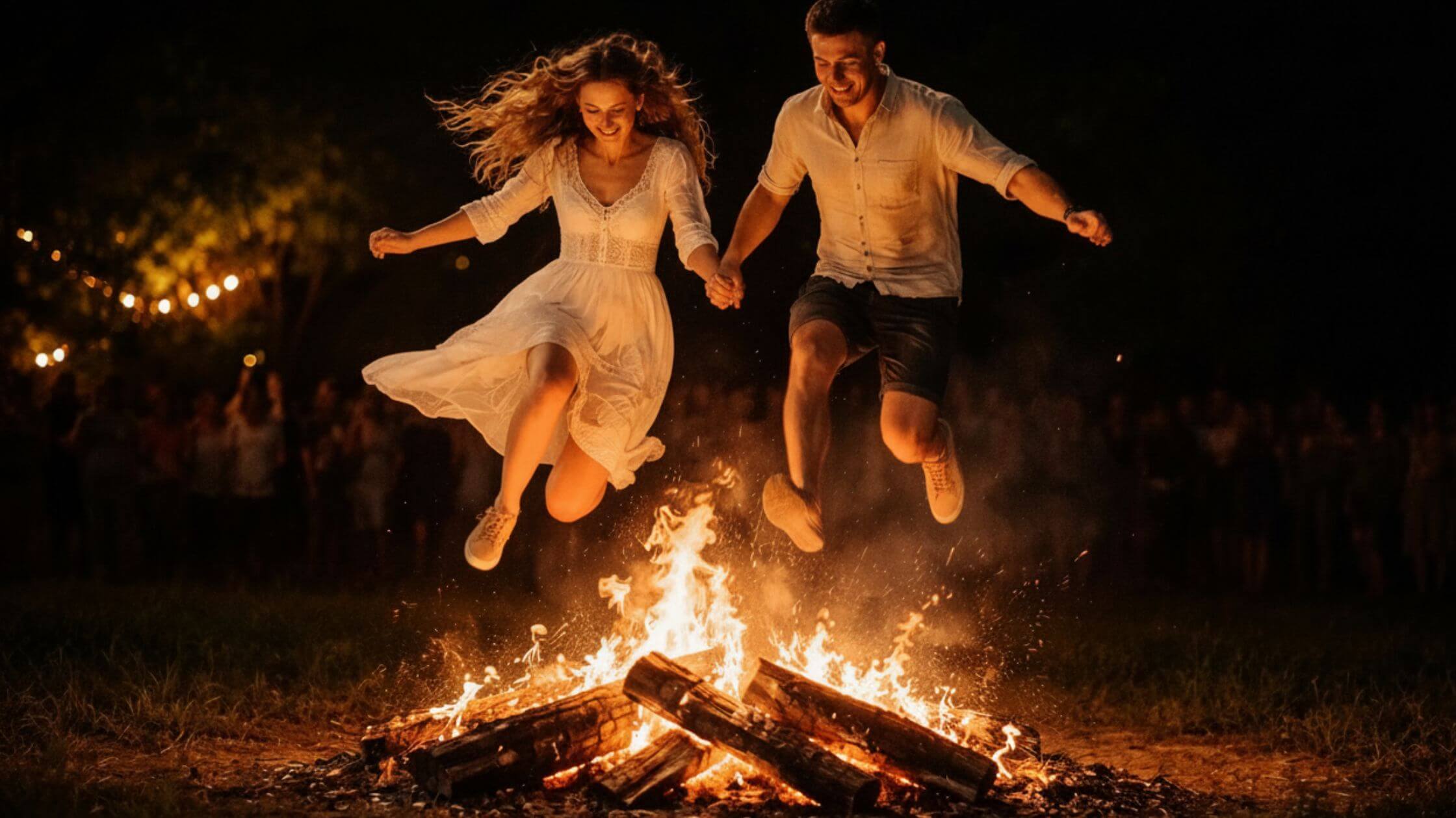 Paar springt Hand in Hand über Beltane-Feuer 2026, traditionelles Fruchtbarkeitsritual bei Walpurgisnacht Maifest, keltischer Brauch
