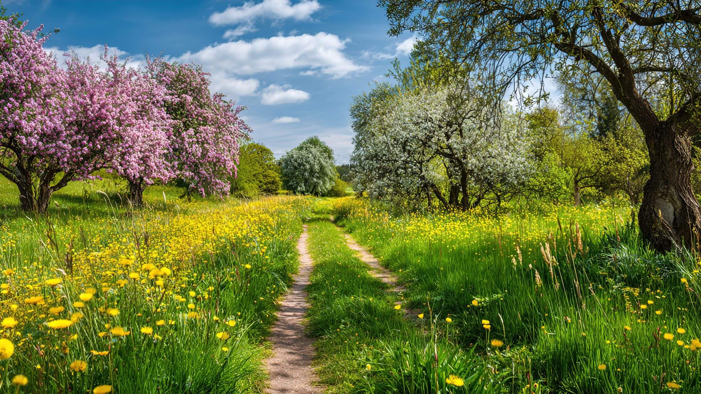 Blühende Frühlingslandschaft im Mai zu Beltane mit sattem Grün und Wildblumen, keltisches Jahreskreisfest Sommeranfang