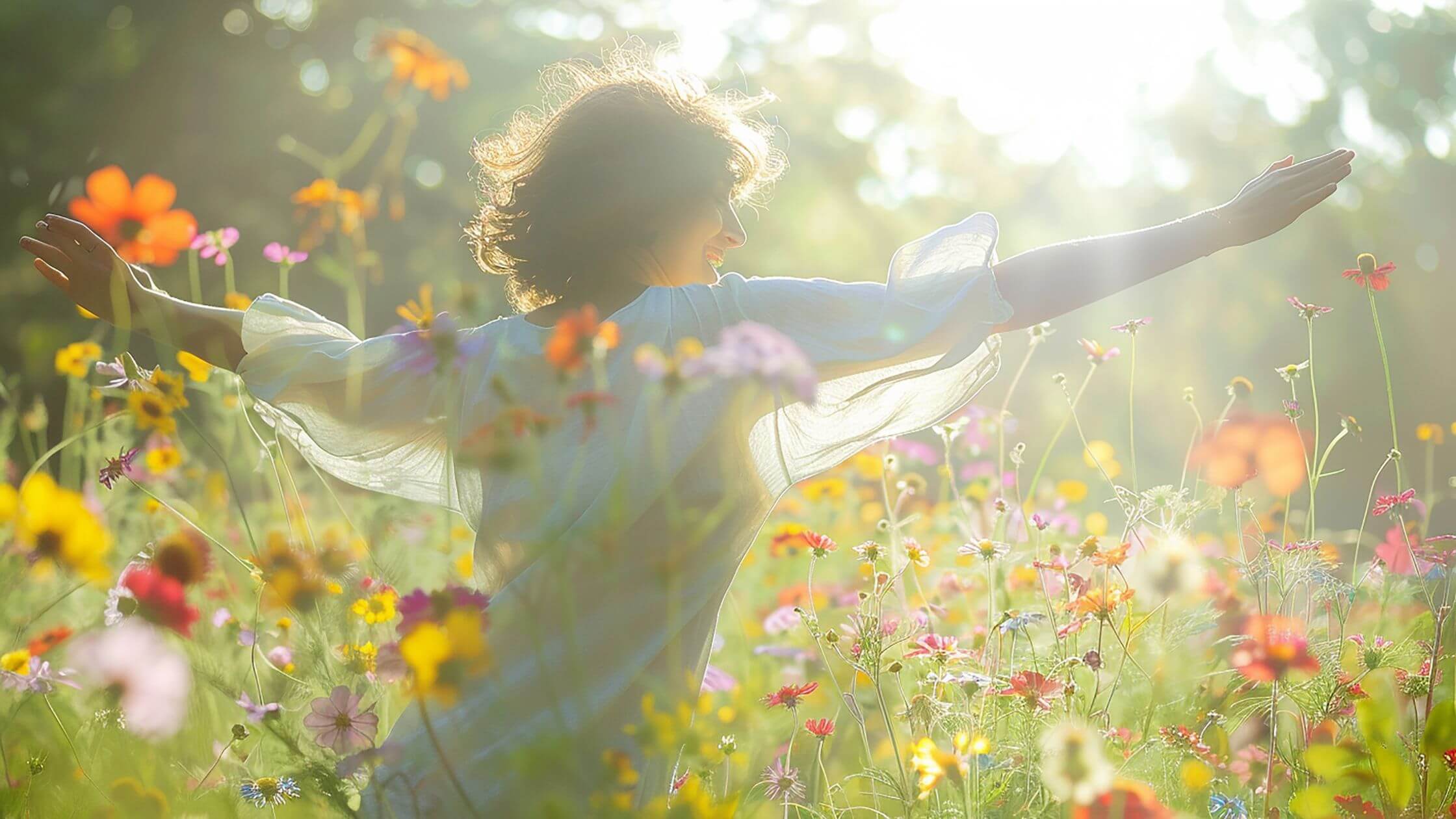 : Frau in blühender Frühlingswiese mit ausgebreiteten Armen zu Beltane 2026, Verkörperung von Lebenskraft und Freiheit bei Jahreskreisfest