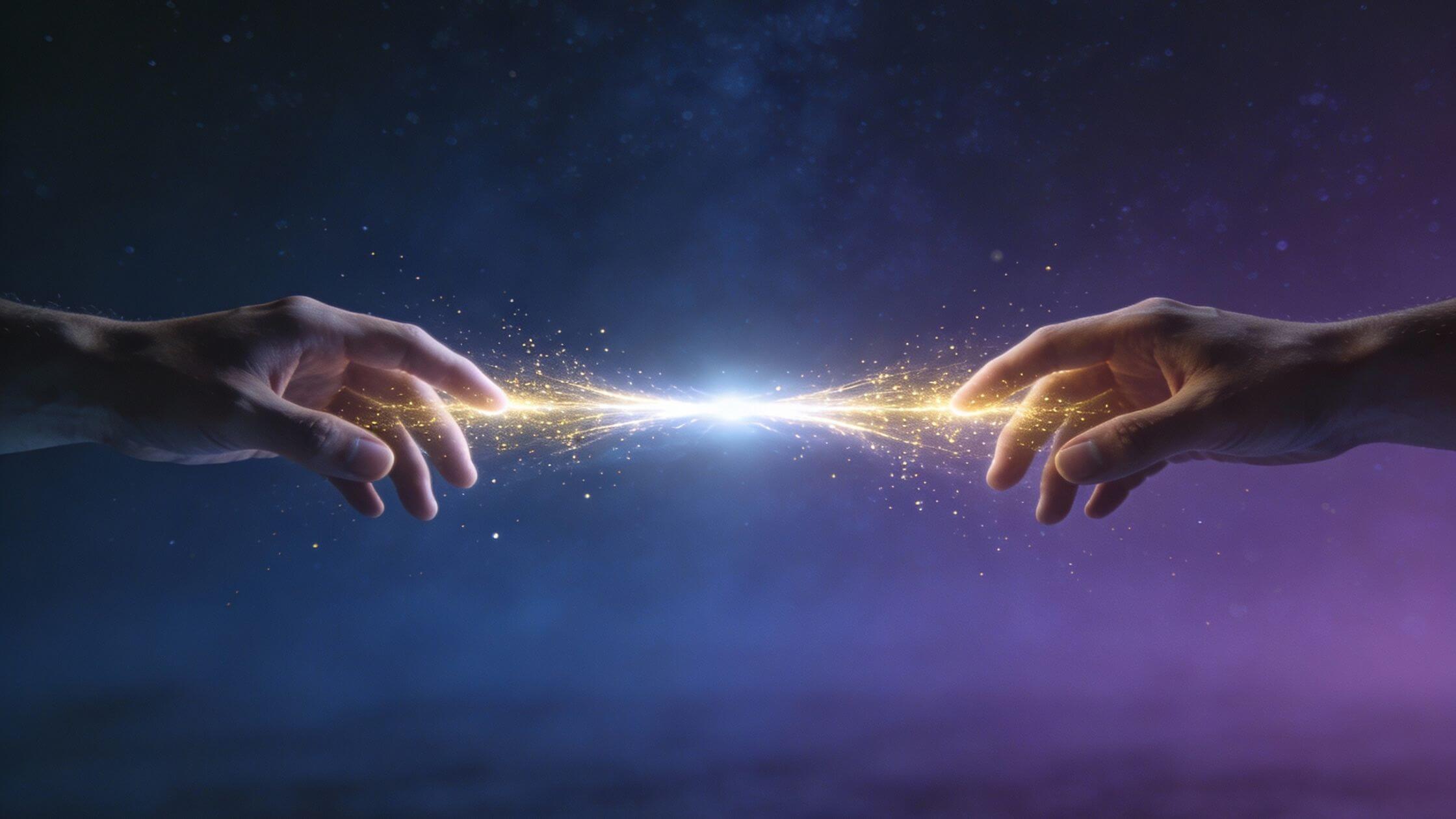 Reiki lernen und verstehen: Der komplette Guide zur universellen Lebensenergie Symbolische Darstellung von Fernreiki, zwei Hände über Distanz durch Lichtenergie verbunden, zeigt räumlich unabhängige Heilung