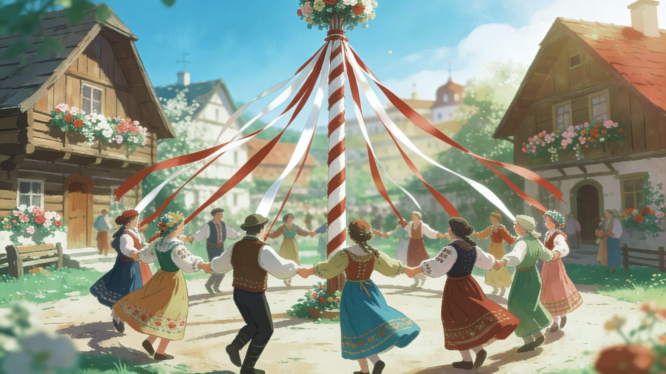 Geschmückter Maibaum mit roten und weißen Bändern zu Beltane 2026, Symbol für Vereinigung von Himmel und Erde bei Maifest