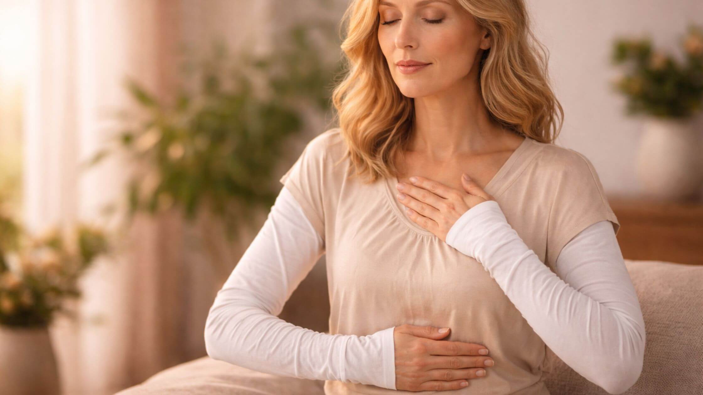 Reiki lernen und verstehen: Der komplette Guide zur universellen Lebensenergie Person führt Reiki-Selbstbehandlung durch mit Händen auf Herz, zeigt selbstbestimmte Energiearbeit und Selbstheilung zuhause