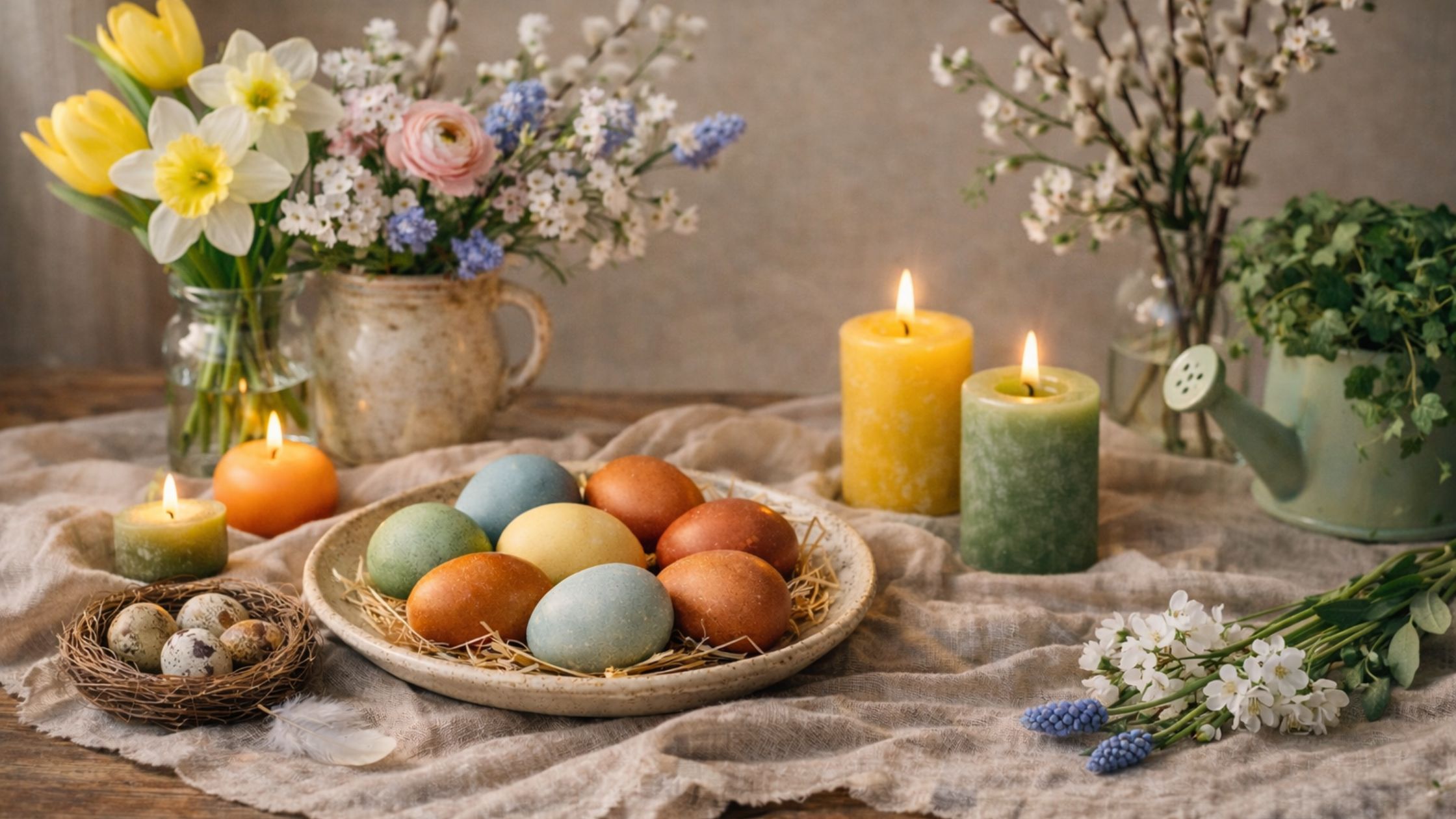 3 Ostara Altar mit Blumen Eiern Kerzen