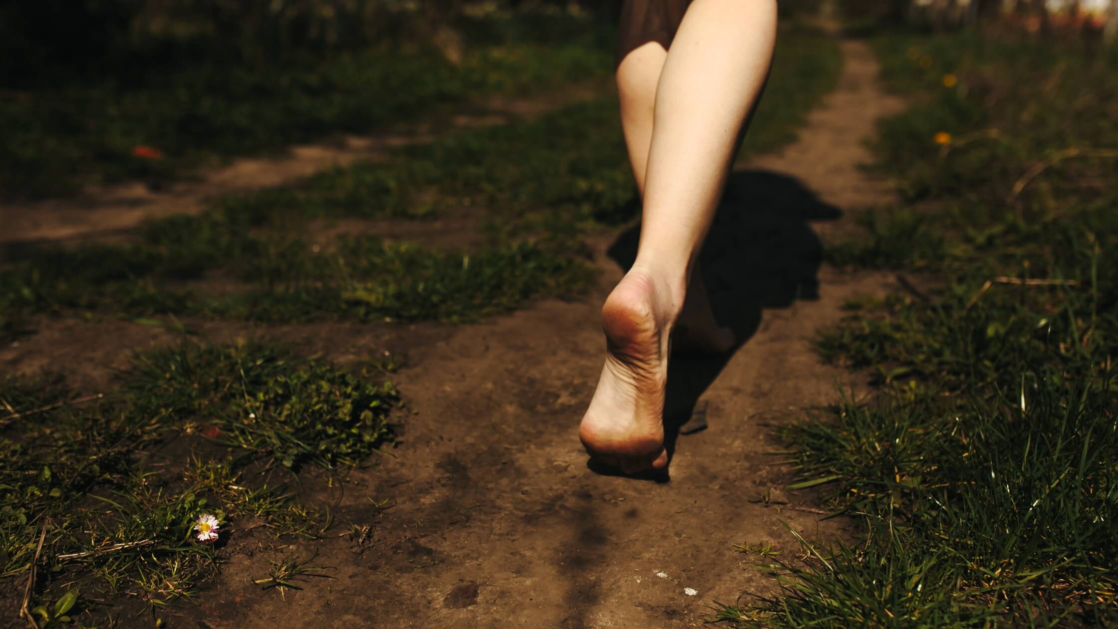 Barfuß auf Waldboden mit Moos für Erdung und Ortswahrnehmung in der Geomantie-Praxis