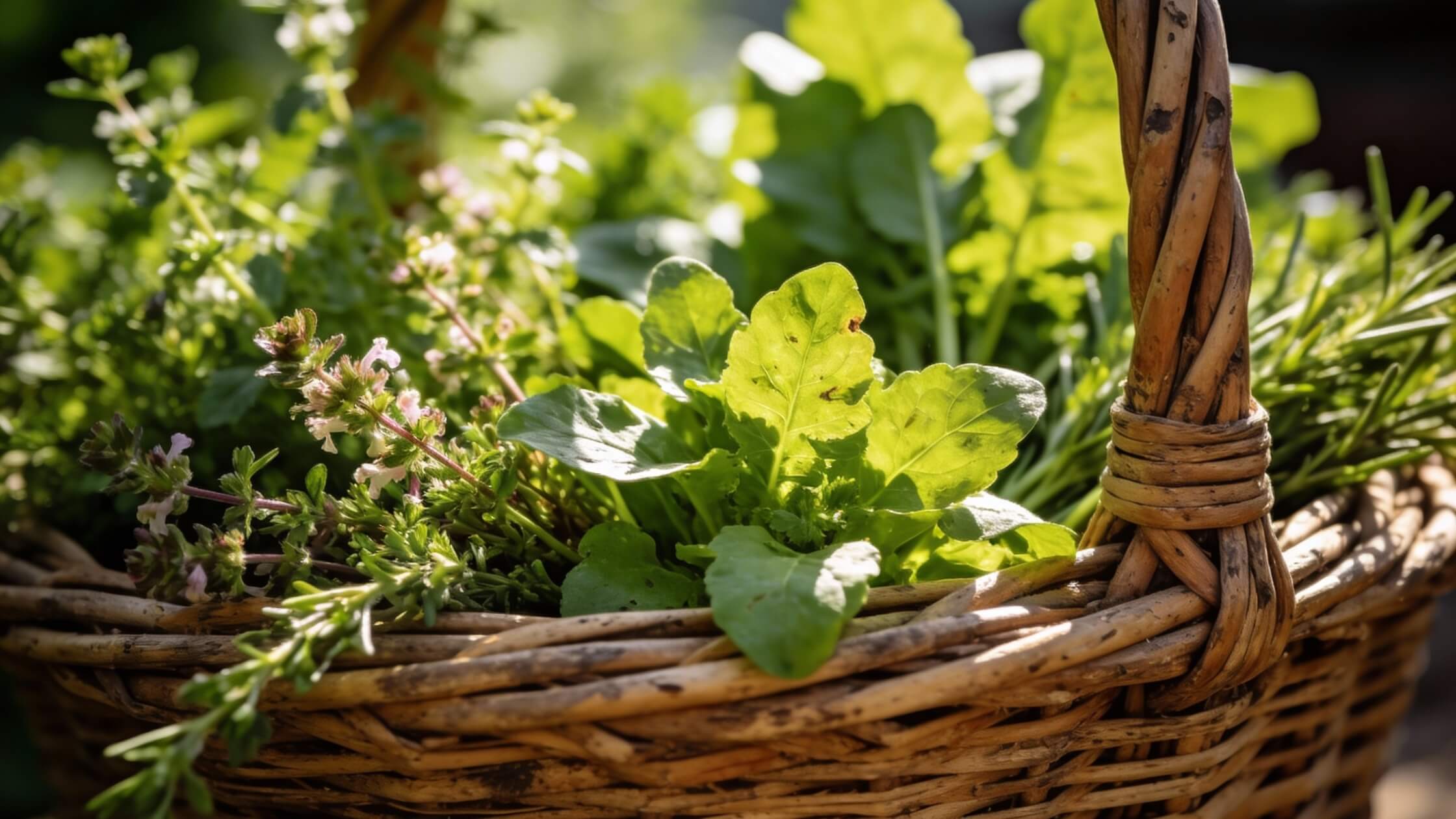 Frische Frühlingskräuter im Korb zu Beltane, Mai-Kräuter sammeln, Wildkräuter für Maibowle und Rituale, natürliche Heilpflanzen