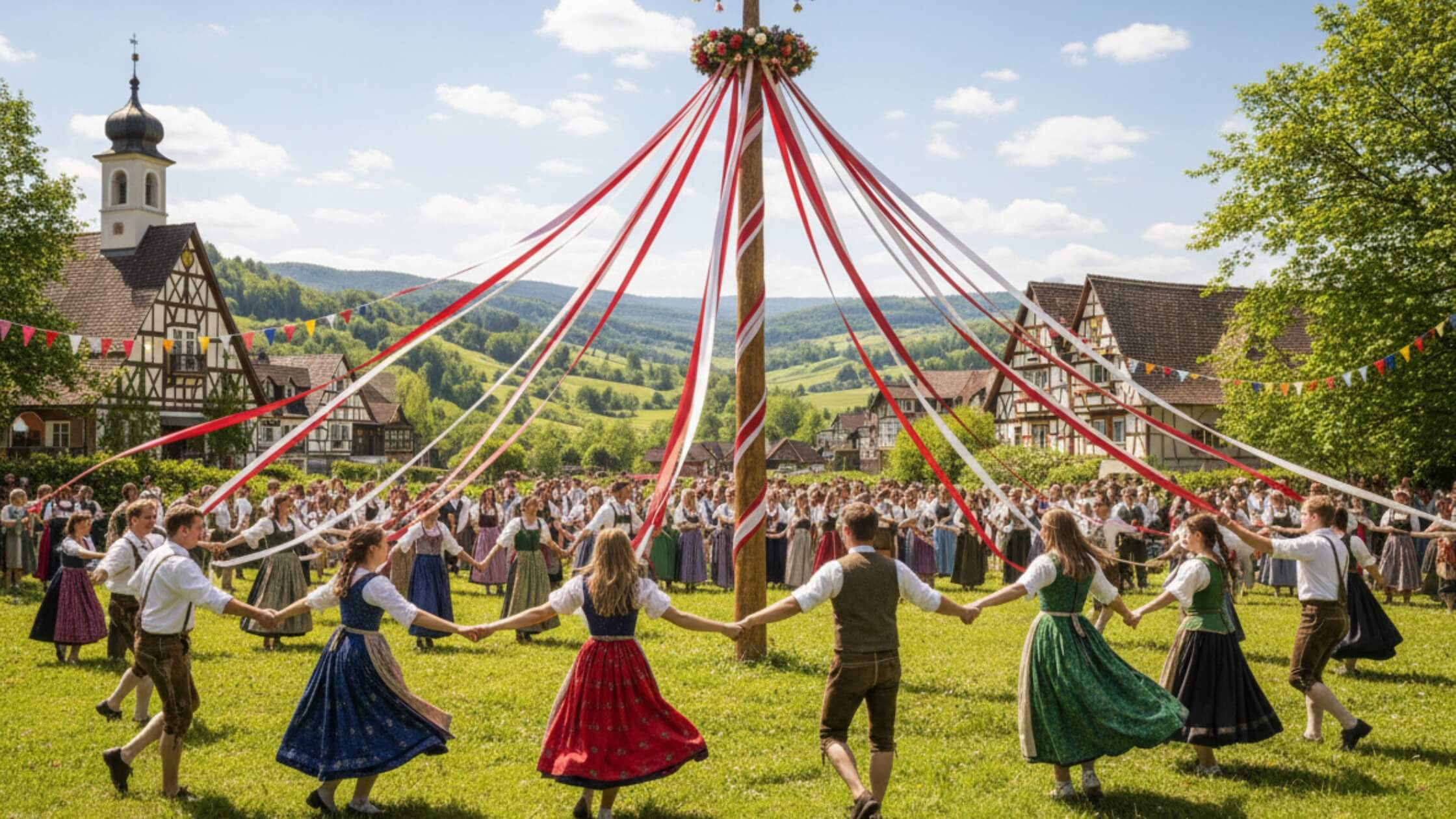 Maibaum mit Bändertanz zu Beltane, Menschen tanzen um geschmückten Maibaum, traditionelles Maifest Ritual, Gemeinschaftsfeier