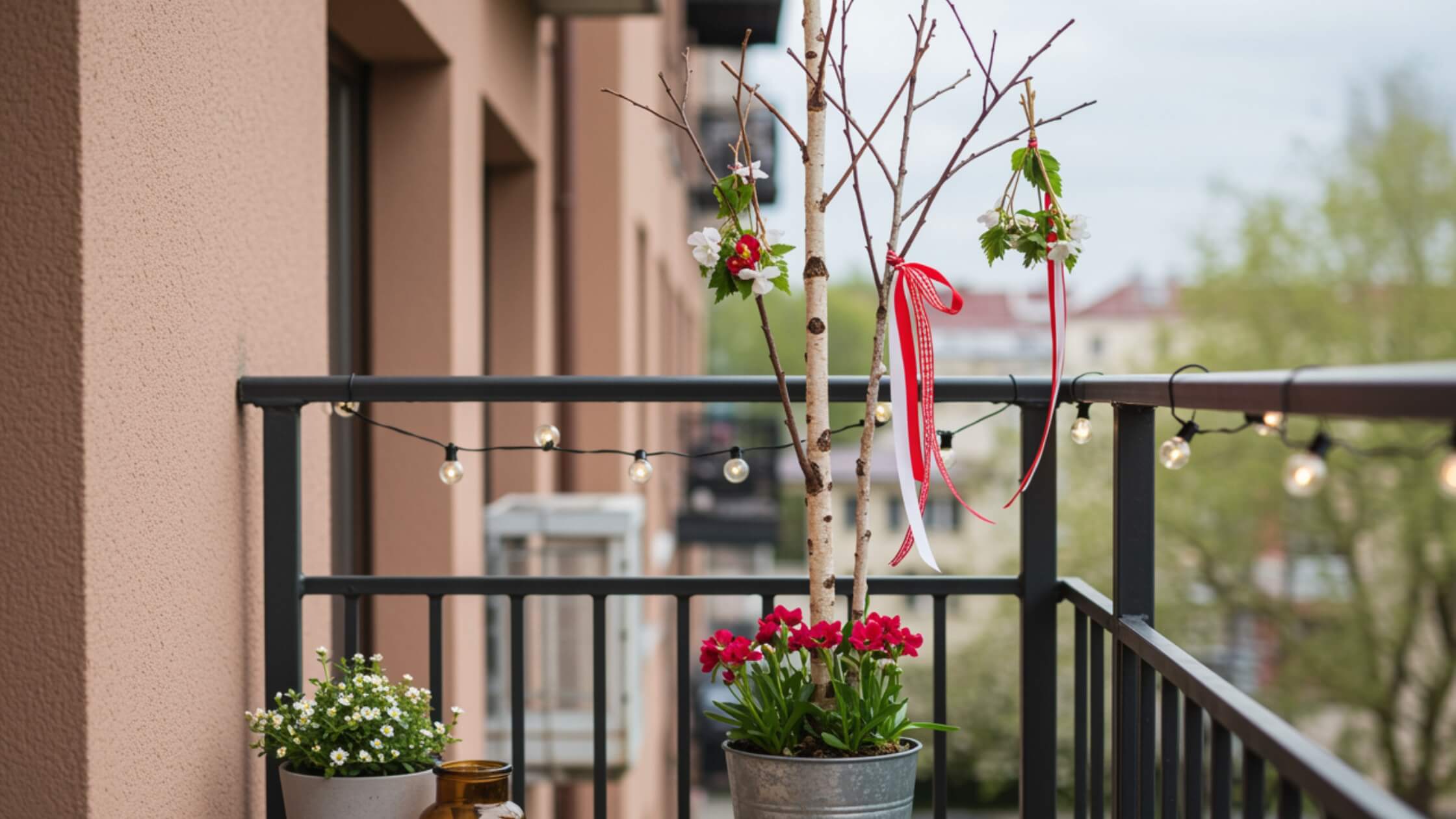 Mini-Maibaum auf Balkon zu Beltane, geschmückt mit Bändern und Blumen, alltagstaugliches Maifest Ritual für zu Hause