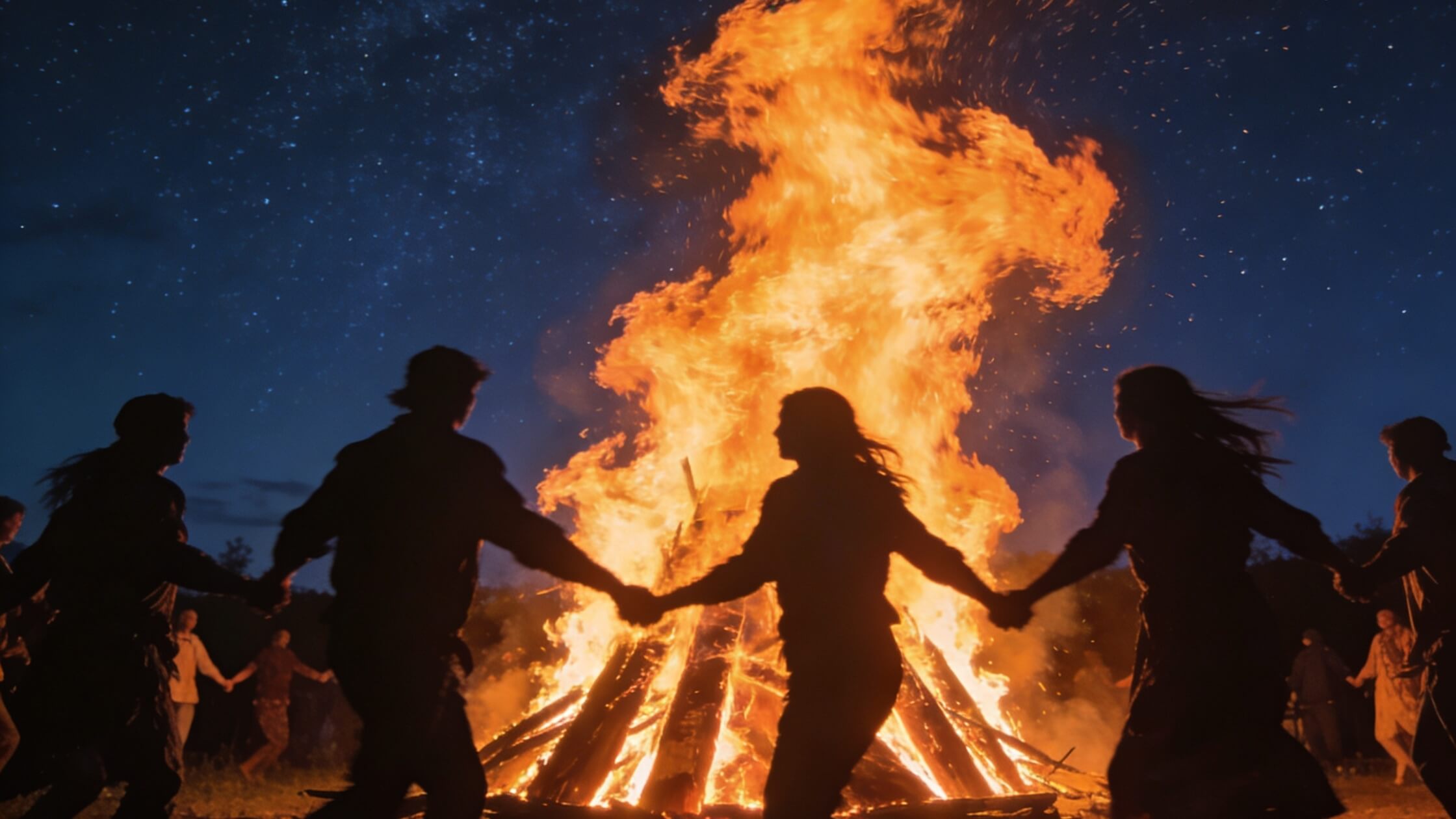 Menschen tanzen um Maifeuer zu Beltane, Tanz in den Mai, traditionelle Walpurgisnacht Feier mit Bewegung und Freude