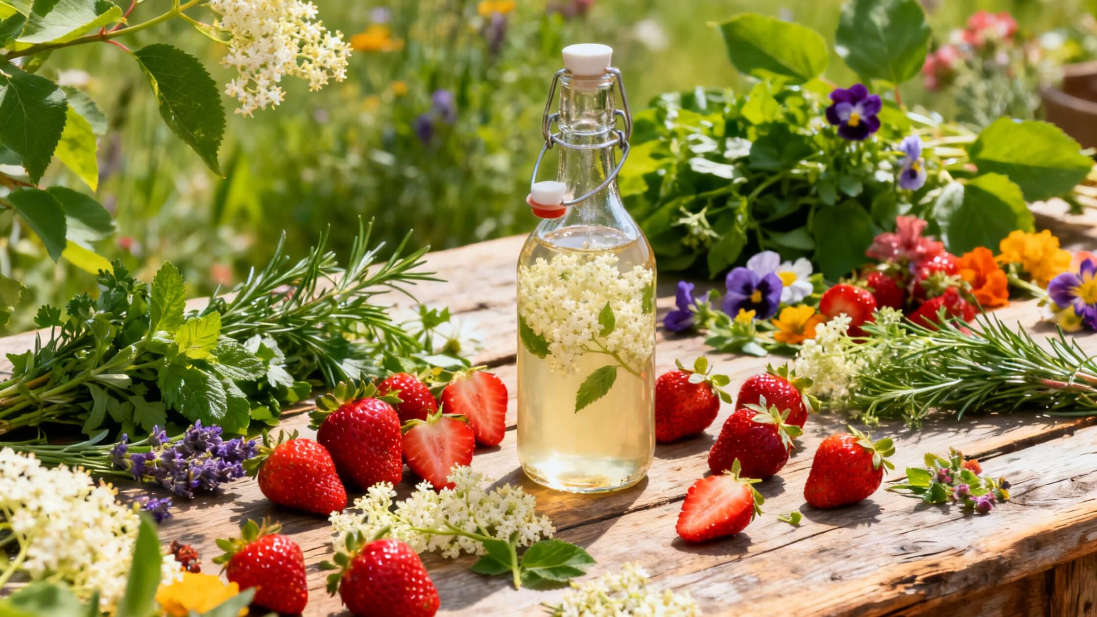 Sommerlicher Festtisch zu Litha mit Holunderbluetensirup, Erdbeeren und frischen Kraeutern - die Speisen des laengsten Tags