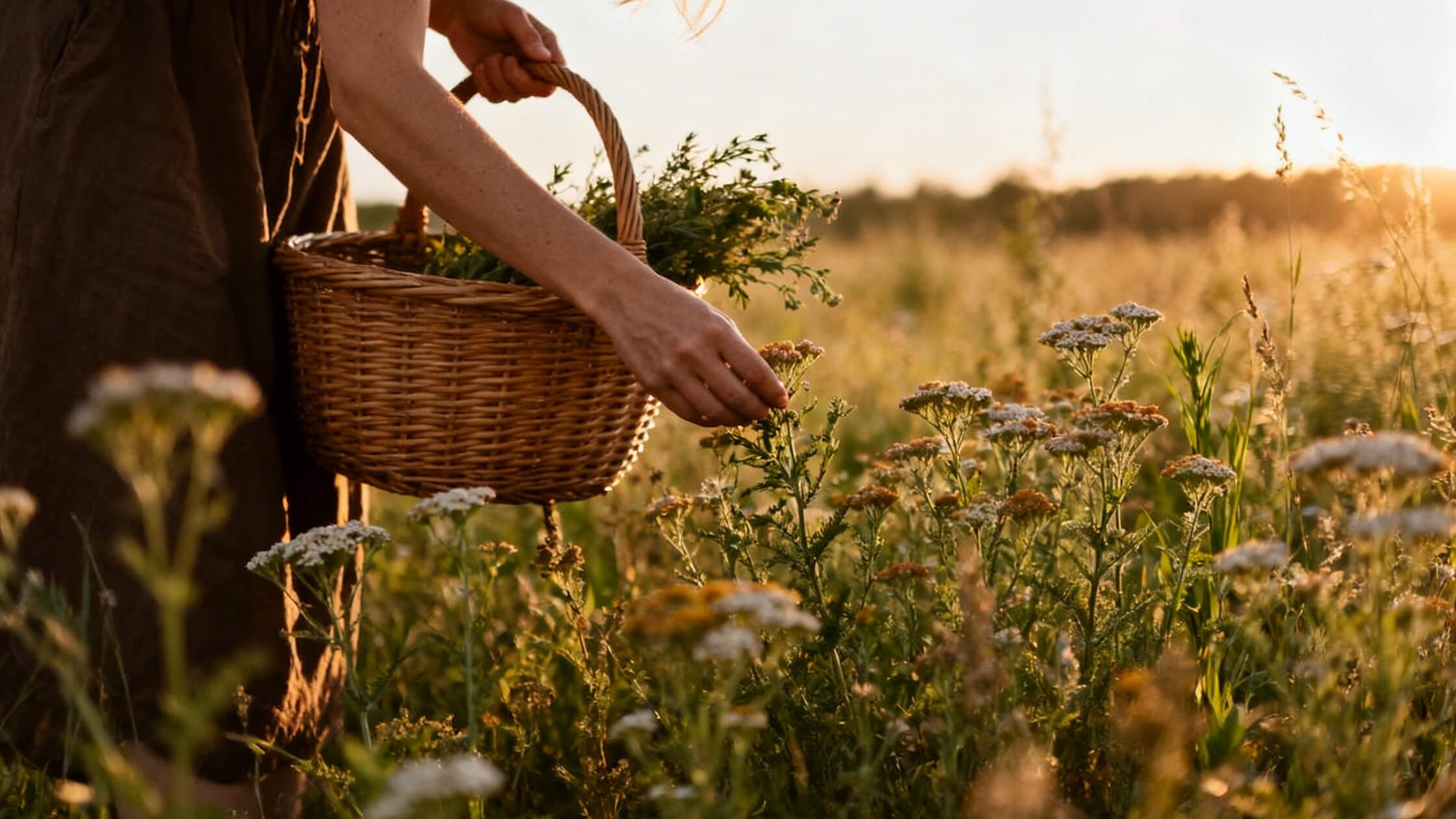 Frau sammelt Heilkraeuter auf einer Sommerwiese zur Litha-Zeit - Johanniskraut und Beifuss haben zur Sonnenwende ihre hoechste Saftkraft